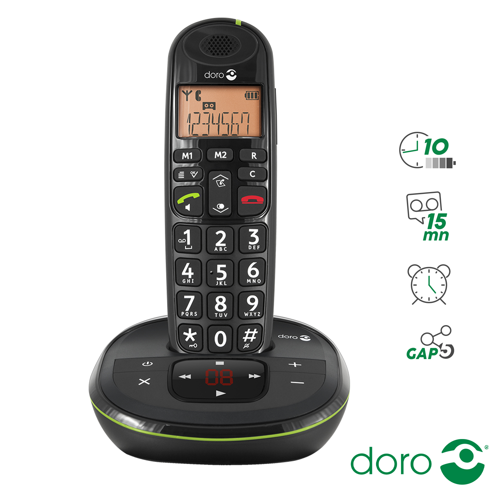 Téléphone Fixe Senior DECT Doro avec Répondeur et Grandes Touches,  PhoneEasy 105wr - Noir - Français