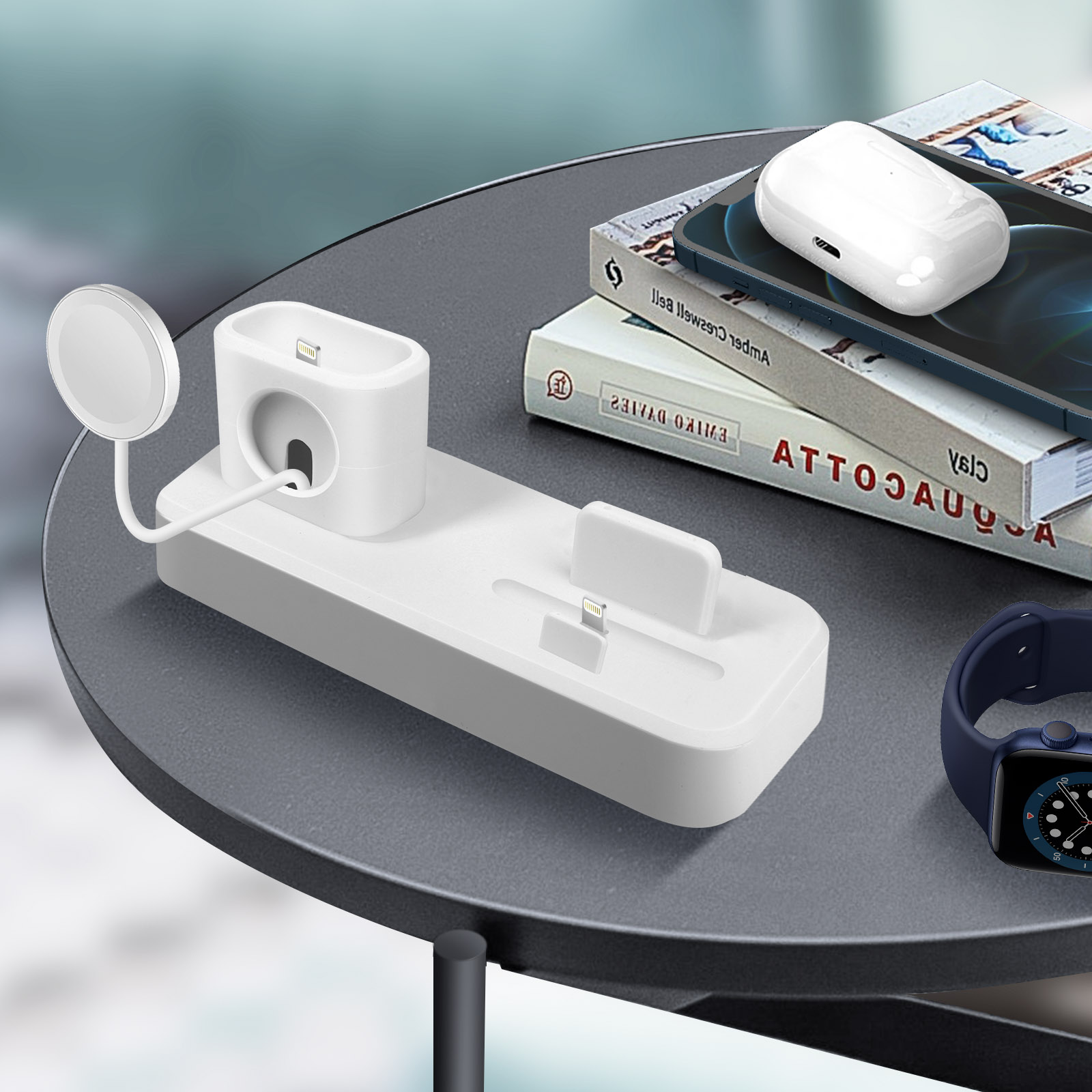 Support iPhone, AirPods et Apple Watch, avec Gestion Câbles de Charge -  Blanc - Français