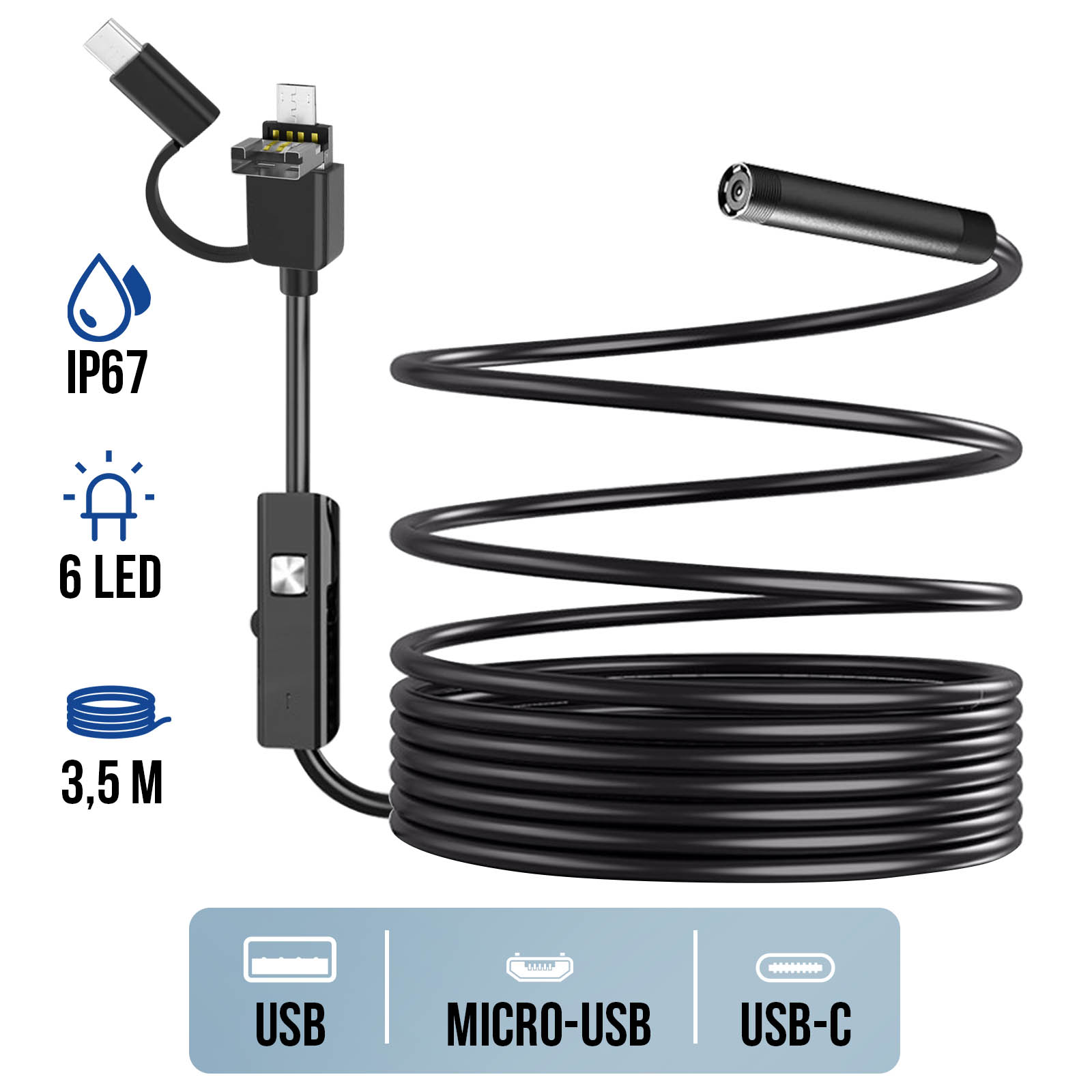 Endoscope pour Smartphone et Ordinateur, Étanche IP67, Caméra multi-ports  USB-C / micro USB / USB - Longueur 3,5m - Français