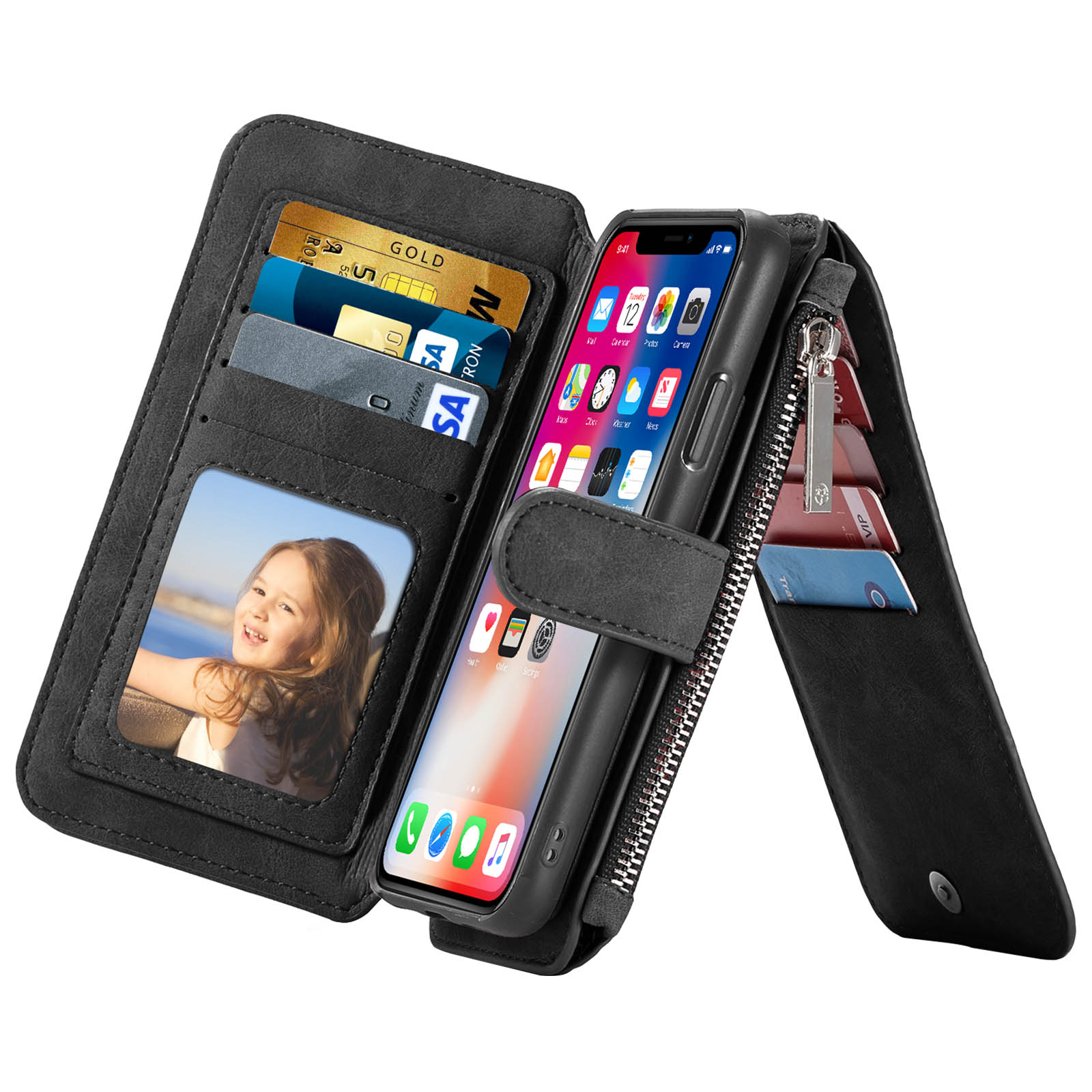 Housse Portefeuille Avec Clip Pour IPhone 7, 8, XS, 11 – Étui Protecteur Style E.T. – Noir – Multifonction