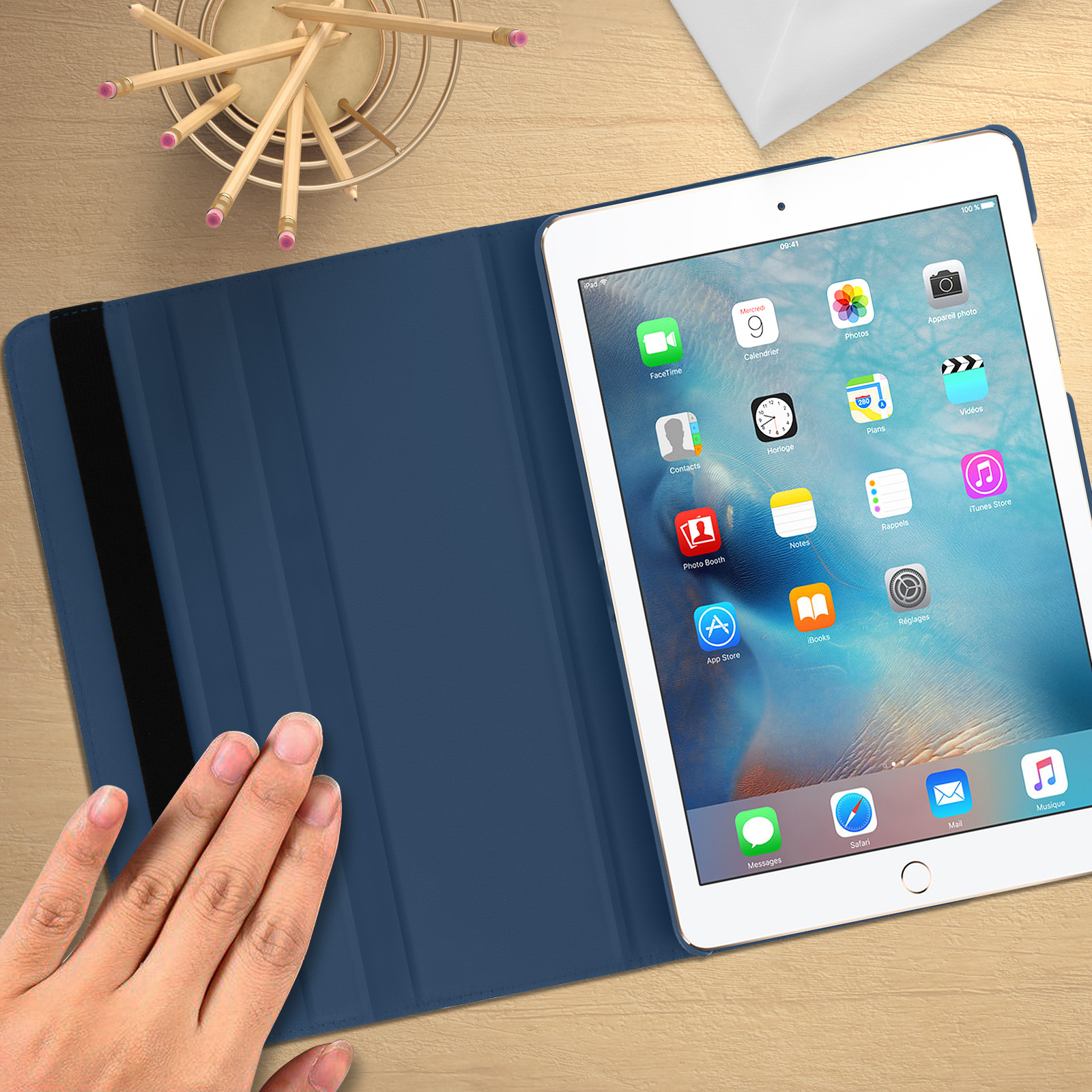 Étui rotatif pour iPad Air 2 avec stylet Étui Multi supports - Bleu clair