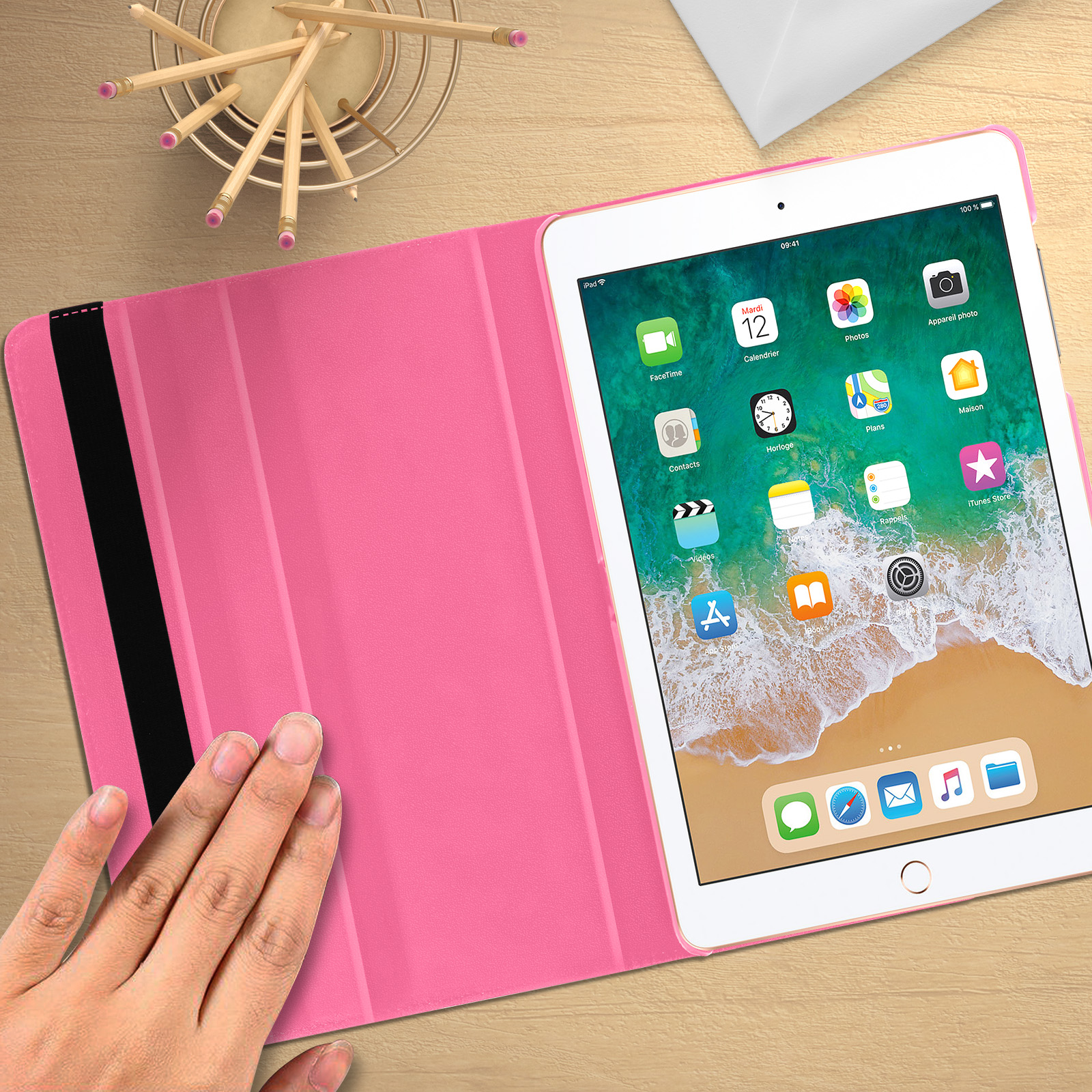 Étui iPad 5 / iPad 6 / iPad Air Clapet Support Rotatif 360°, Portait /  Paysage - Rose