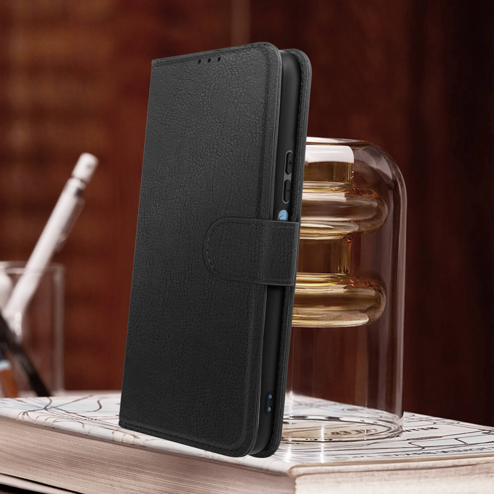 Etui Portefeuille Smartphone 5.2 à 5.5'', Simili Cuir et Languette  magnétique, Série Chesterfield - Noir - Français