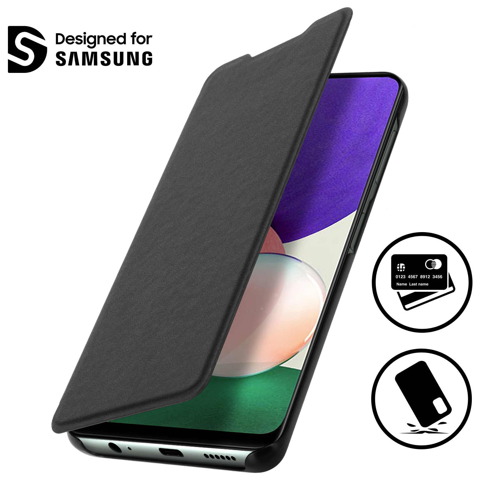 Coque pour Samsung Galaxy A22 5G/4G Étui Porte Monnaie Noir + Verre Trempé