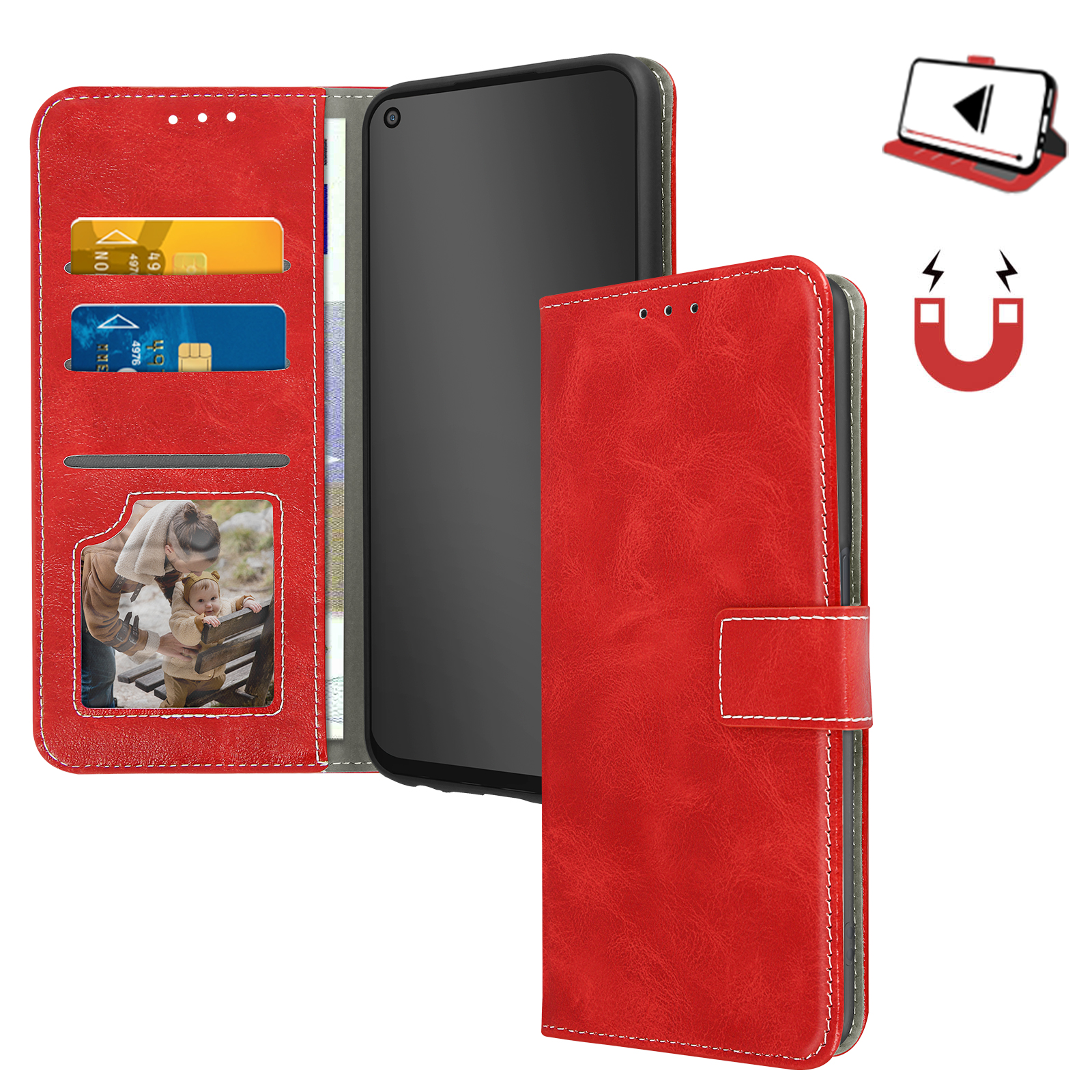 Funda para Realme 9i , Oppo A76 , Oppo A96 con tarjetero y portavideos,  cierre magnético - roja - Spain