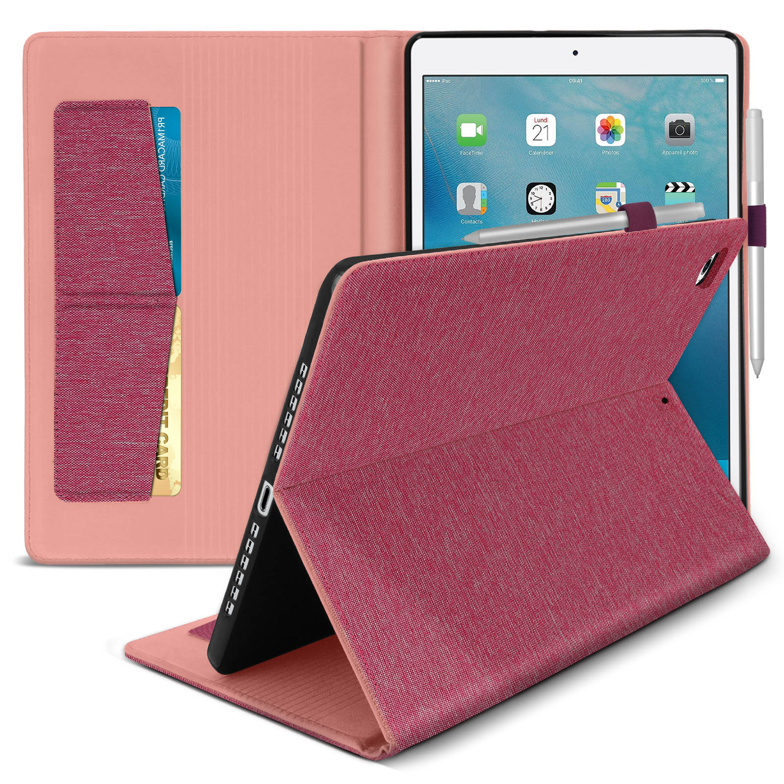 Étui en Tissu avec Porte-cartes et Support Vidéo, Collection Fashion - Rose  p. iPad 5 / iPad 6 / iPad Air - Français