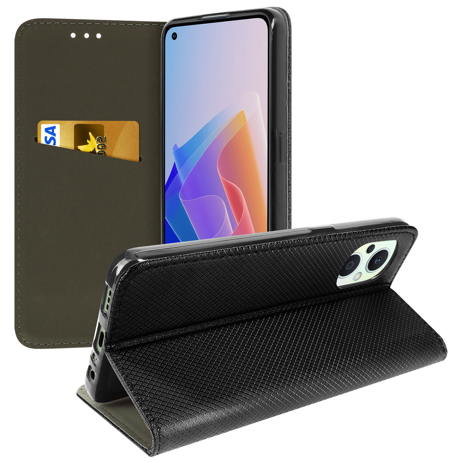 Custodia In Pelle PU Magnetica A Libro Per Oppo Reno 8 Lite E Reno7 Z 5G, Cover Portafoglio Con Funzione Stand, Nero