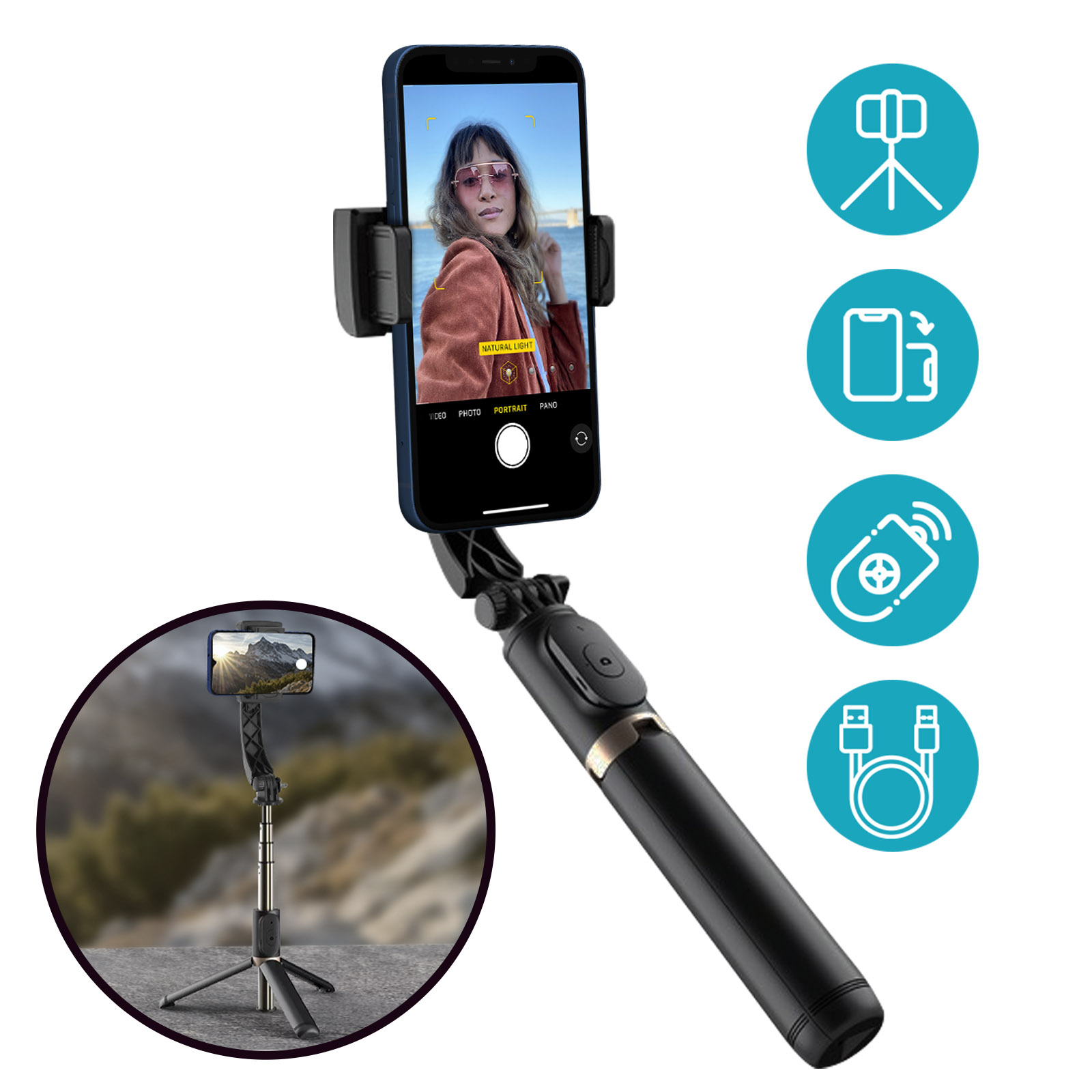 Perche selfie 3en1 AKASHI Bluetooth avec stabilisateur