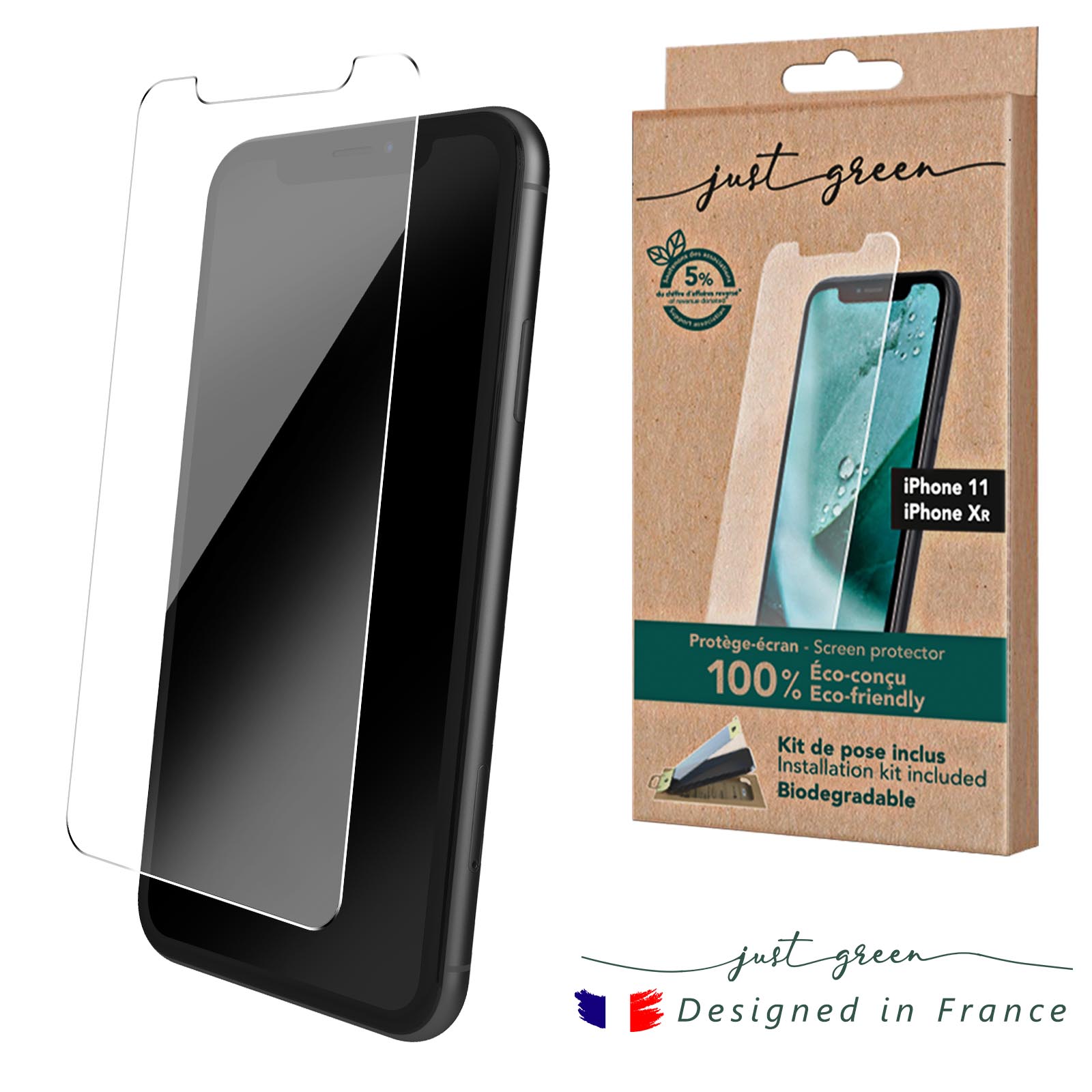 Verre Trempé iPhone 11 et XR Haute Résistance et Transparence avec Kit de  Pose, 100% Recyclable Just Green - Français