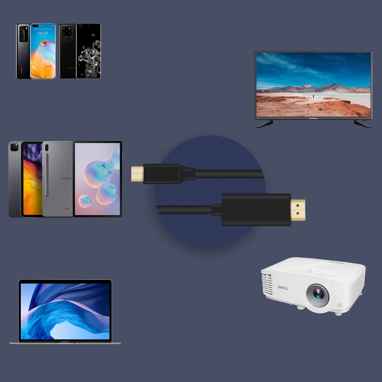 Câble Adaptateur Type-C Vers HDMI Noir 2m - Ultra HD 4K 1080P + USB - Neuf