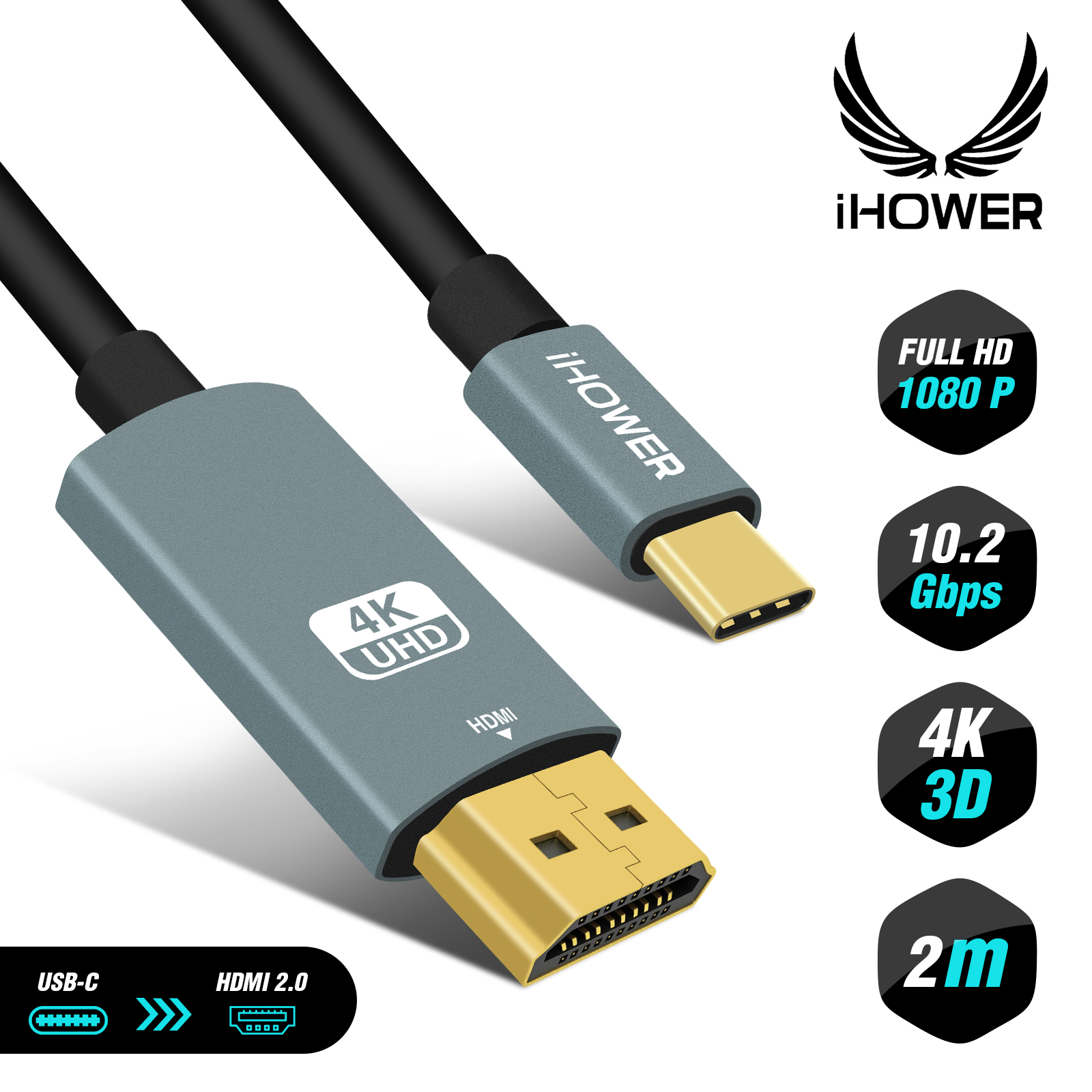 Câble USB-C / HDMI 2.0 4K UHD Haute Vitesse, 2m, iHower - Noir
