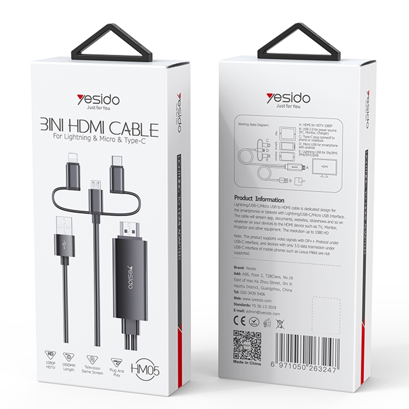 Câble Lightning vers HDMI 1.8m Haute Définition 1080p, Yesido