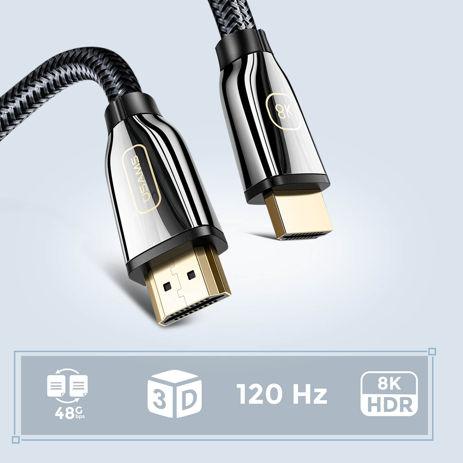 Câble HDMI 2.1, Ultra HD 8K, Tressé Résistant, Noir, 2 mètres