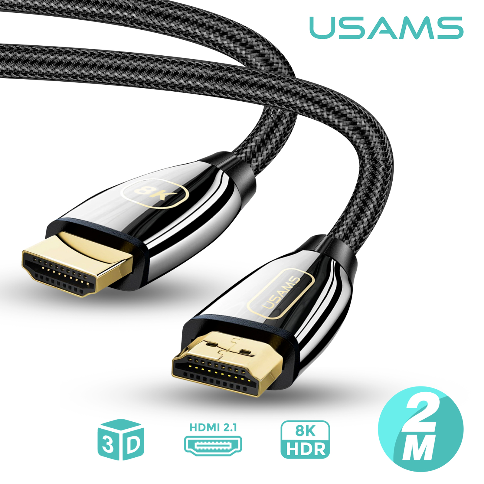 Câble HDMI 2.1, Ultra HD 8K, Tressé Résistant, Noir, 2 mètres