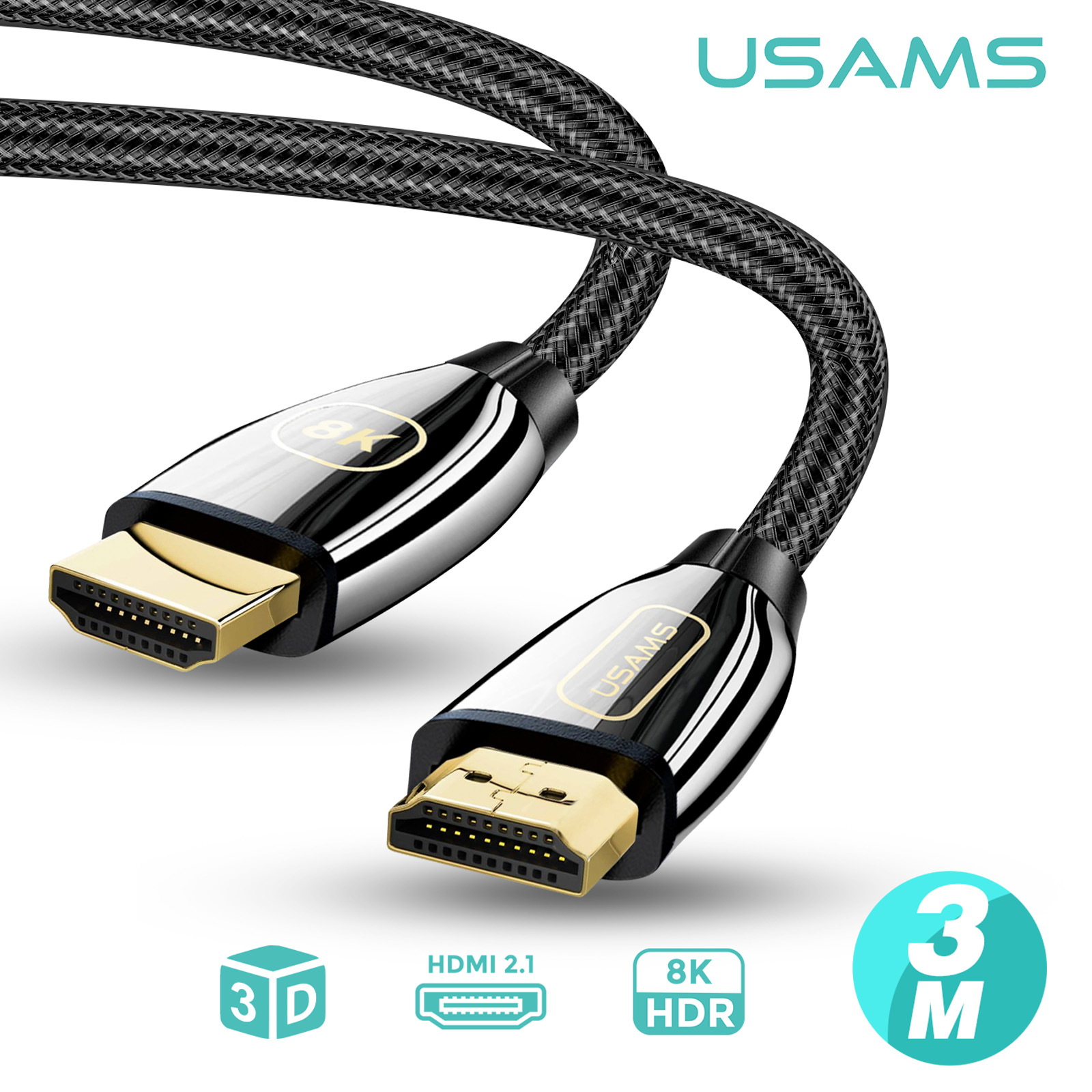 Câble HDMI 2.1, Ultra HD 8K, Tressé Résistant, Noir, 3 mètres