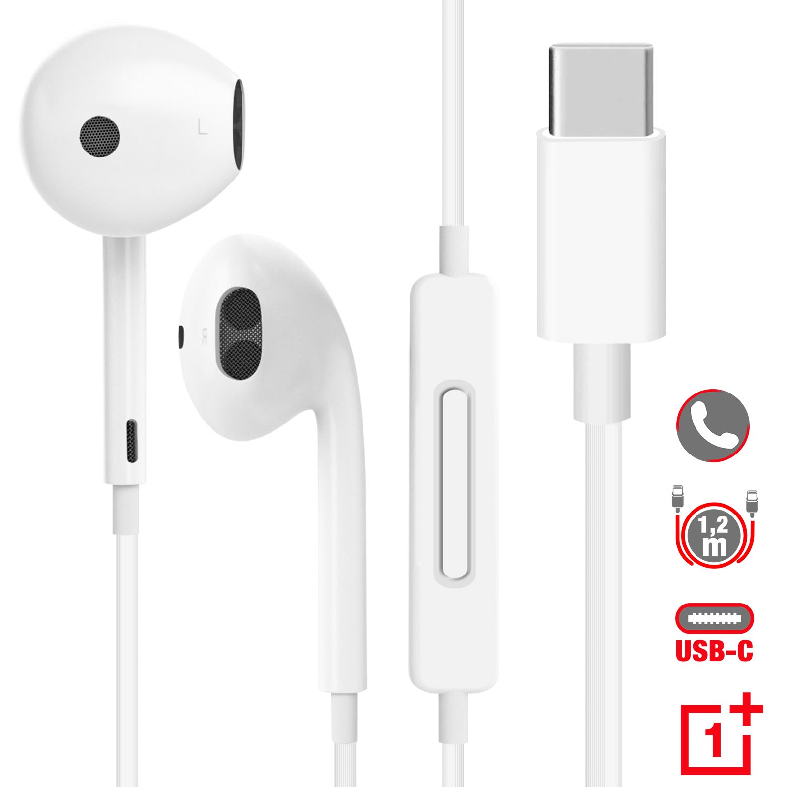 Écouteurs USB C Fonction Kit Mains Libres Longueur 1,2m - Blanc