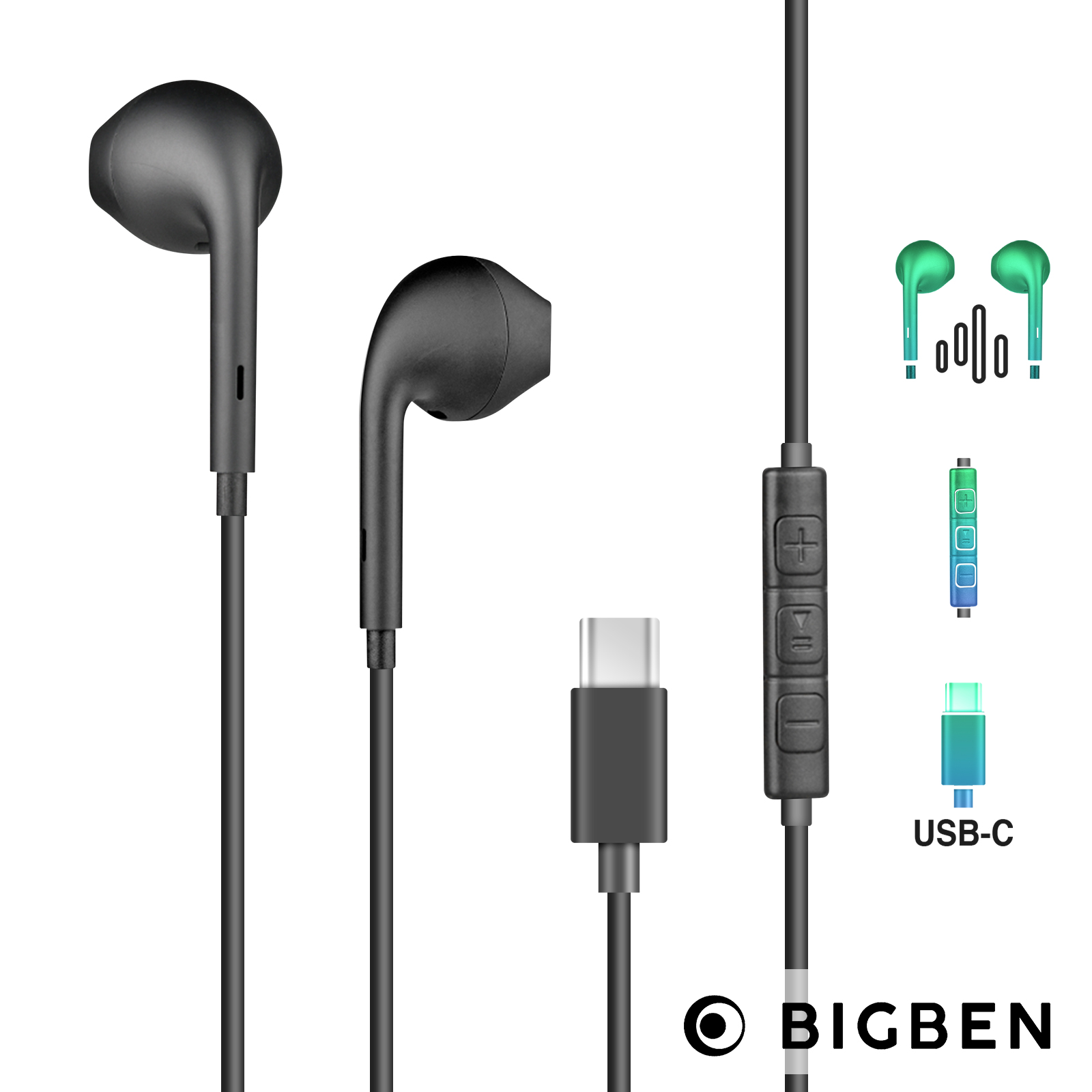 Auriculares Cable Bigben, Tipo USB-C, Kit Manos libres, Longitud 1