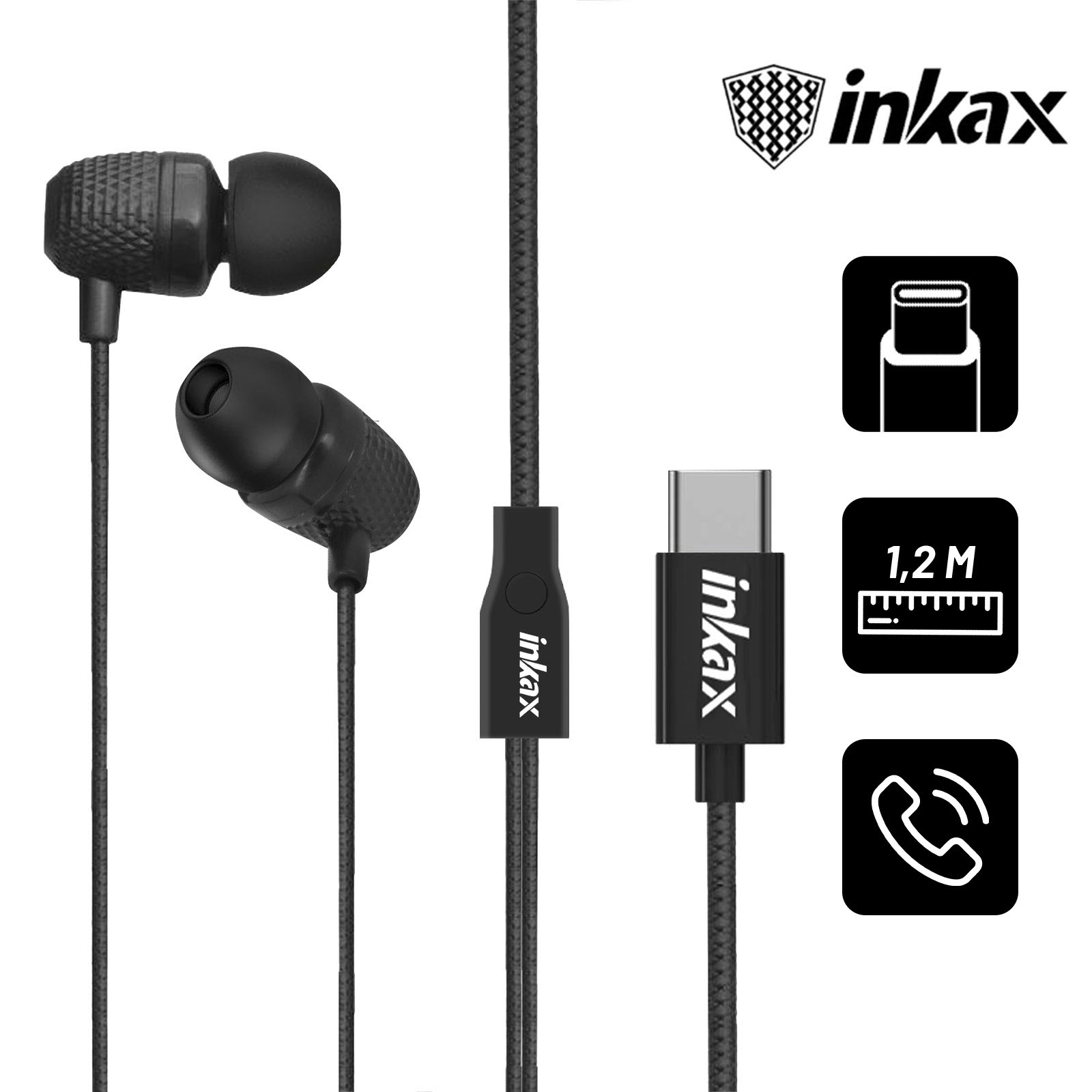 Ecouteur USB C Filaires, Kit Main Libre & Câble Anti-noeud, Inkax