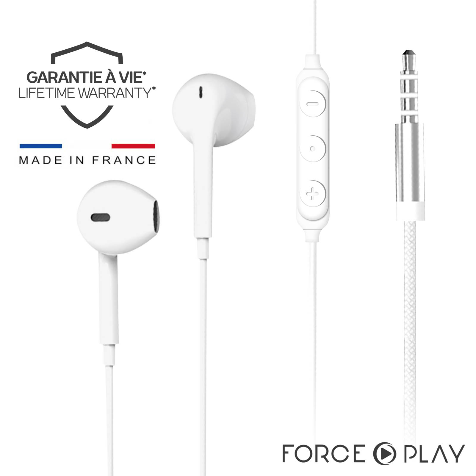 Écouteurs Force Play Jack 3.5mm, Garantie a vie - Kit Mains Libres avec  Télécommande, Matériaux 100% Recyclés - Blanc - Français