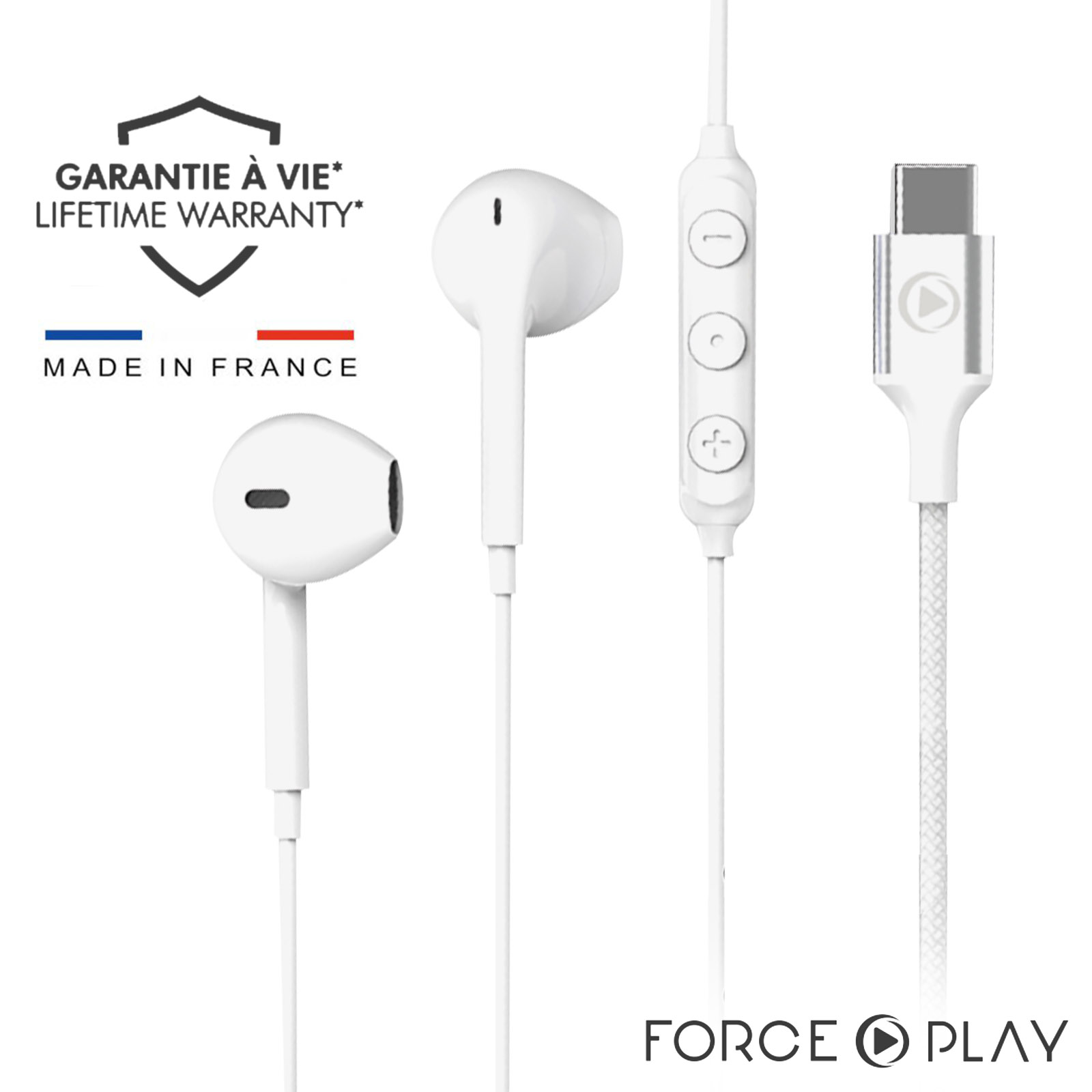 Ecouteurs USB-C Kit Piéton Filaire, Garanti à vie 100% Recyclé Blanc, Force  Play - Français