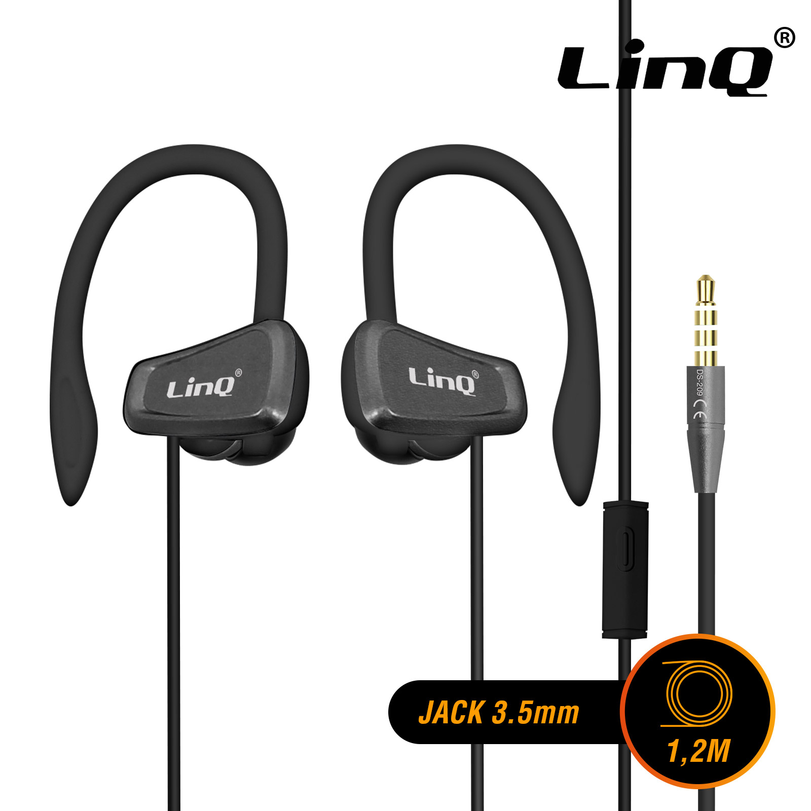 Écouteurs Sport Filaires Jack 3.5mm, avec Contour d'oreille, LinQ - Noir -  Français