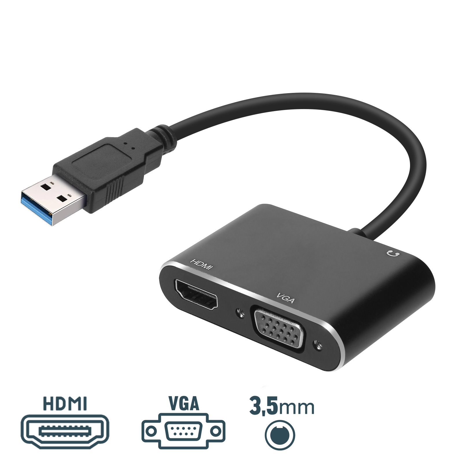 Adaptateur USB 3 en 1 vers HDMI / VGA / Entrée Audio Jack 3.5mm - Noir -  Français