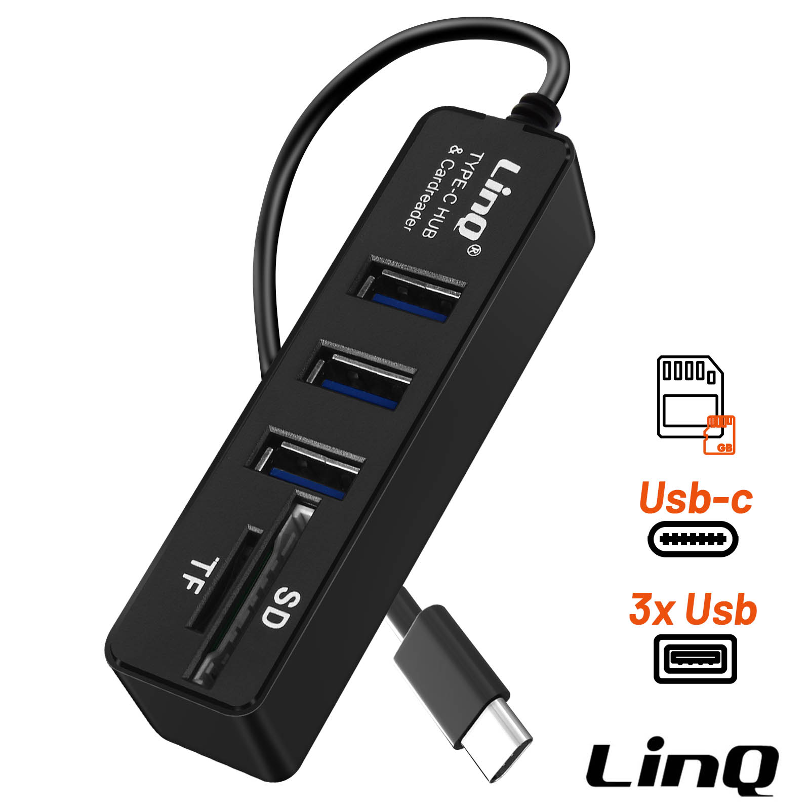 Hub USB-C vers 3x Ports USB + Lecteur carte SD / Micro-SD, LinQ - Noir -  Français