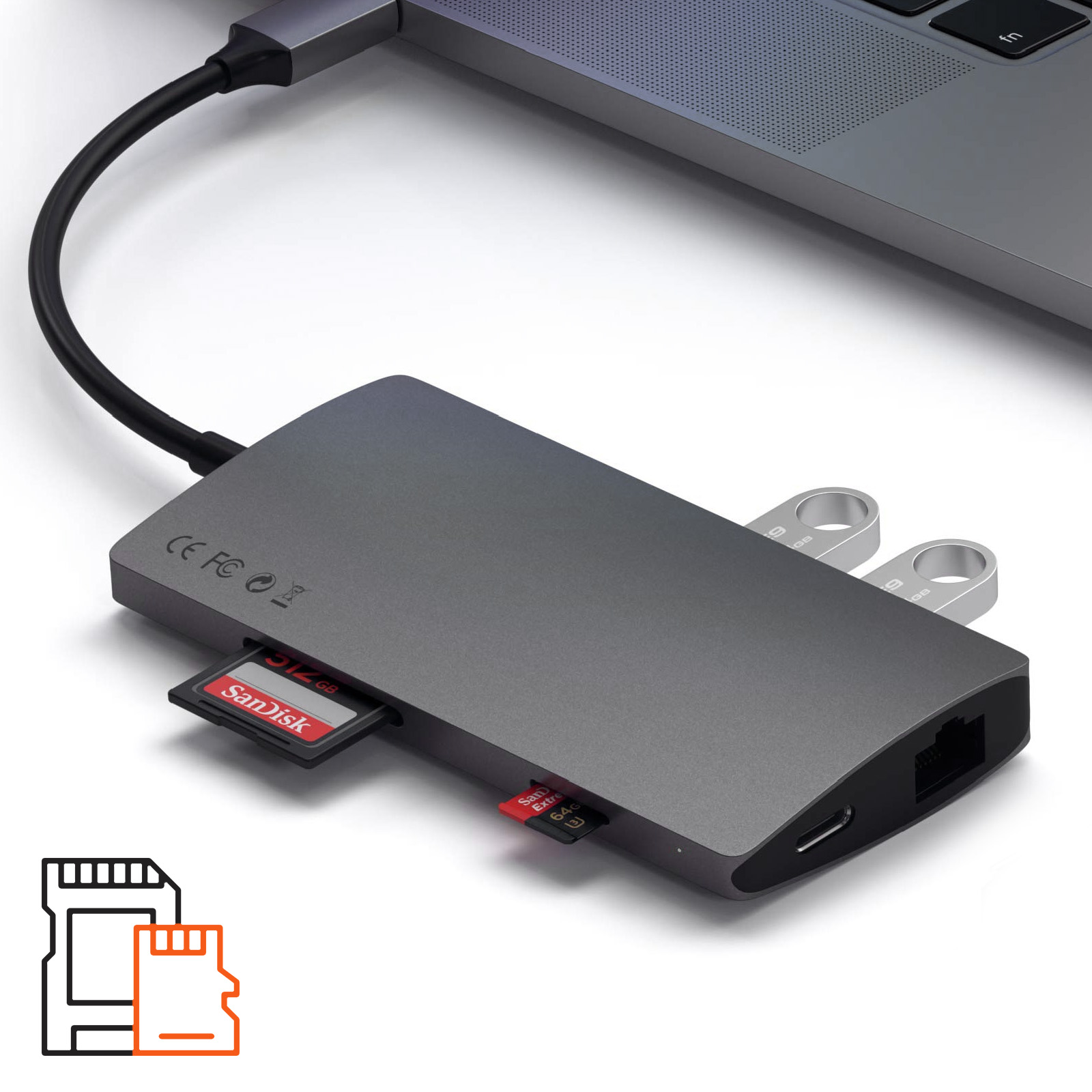 Hub USB C multiport HDMI 4K, Ethernet, USB C 60W, 3 USB, Lecteur carte -  Satechi V2 Gris - Français