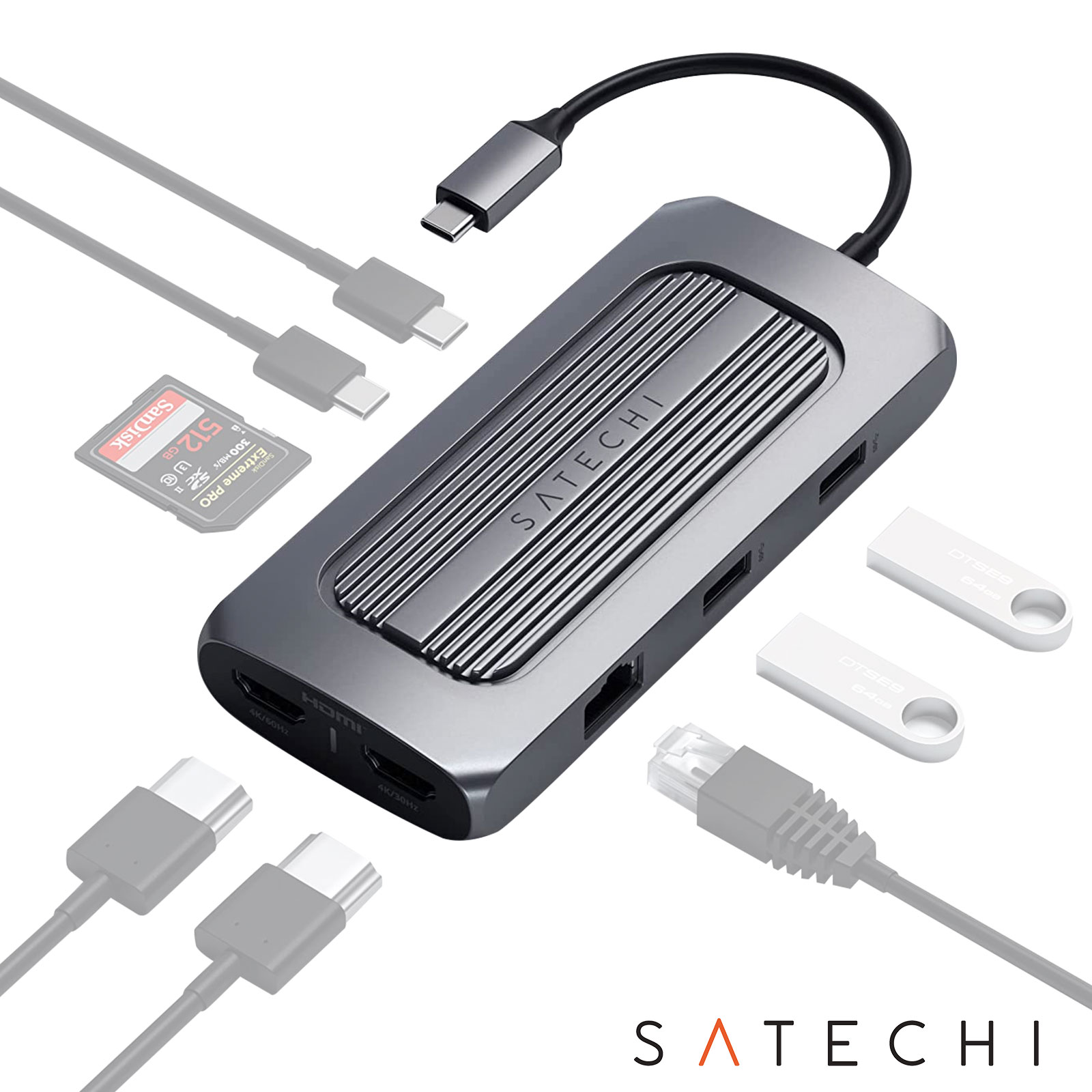 Hub USB C MacBook a 2 HDMI 4K, Ethernet, 2 USB C, 2 USB, Audio Jack,  Satechi - Gris - Spain