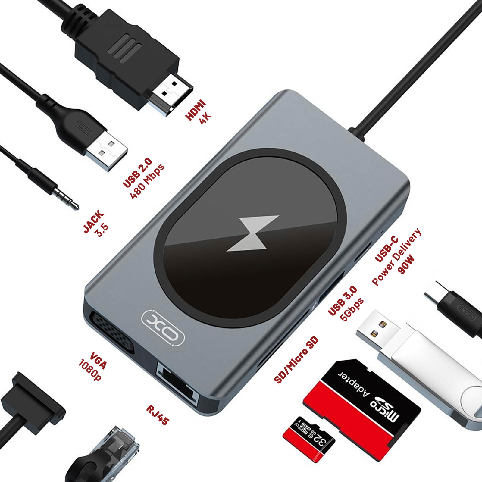 Chargeur sans fil induction 15W + Hub 6 en 1 - HDMI 4K + 3 USB-C 