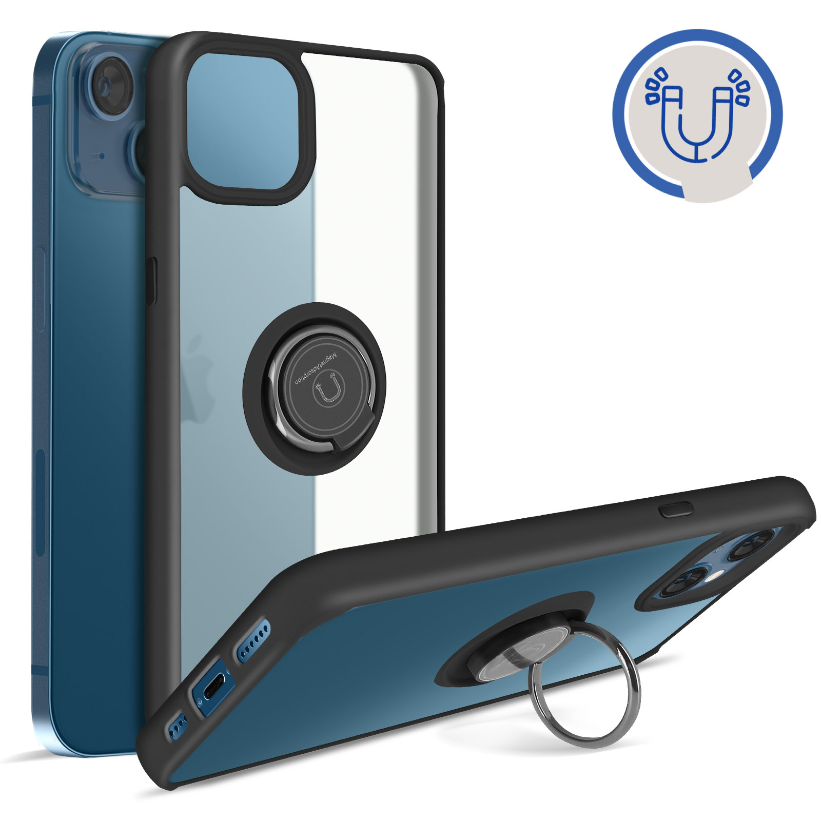 Apple iPhone 13 Mini Handyhlle mit Ring-Halterung  Matte Rckseite,  Schutztasche mit Stnder  Schwarz - German