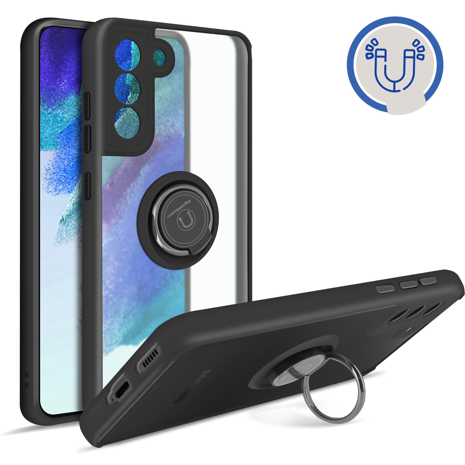 Samsung Galaxy S21 FE Handyhlle mit Ring-Halterung  Matte Rckseite,  Schutztasche mit Stnder  Schwarz - German