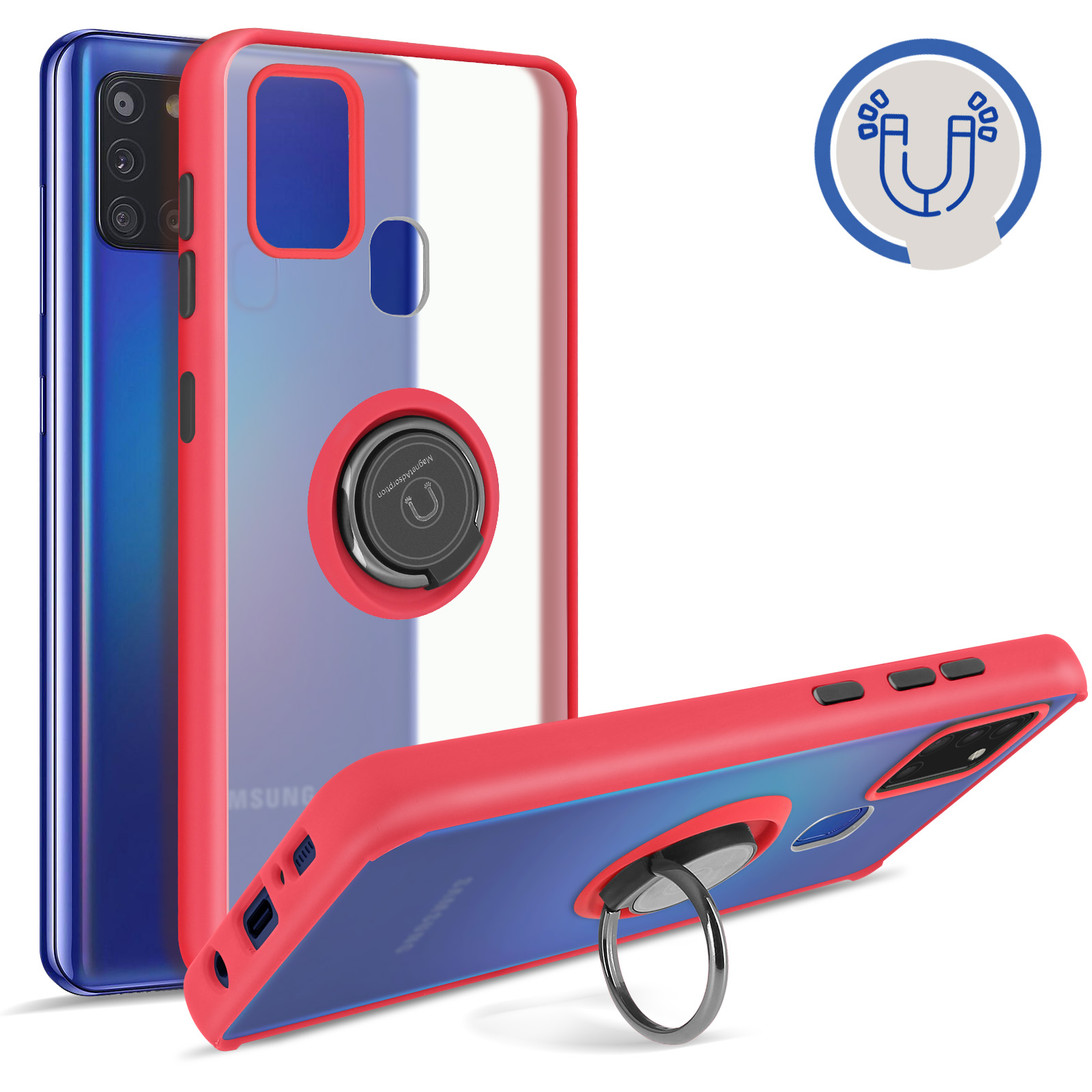 Custodia Xinyunew Per Galaxy A21S – Cover A Libro Con Vetro Temperato, Portafoglio, Supporto E Chiusura Magnetica (Rosso)