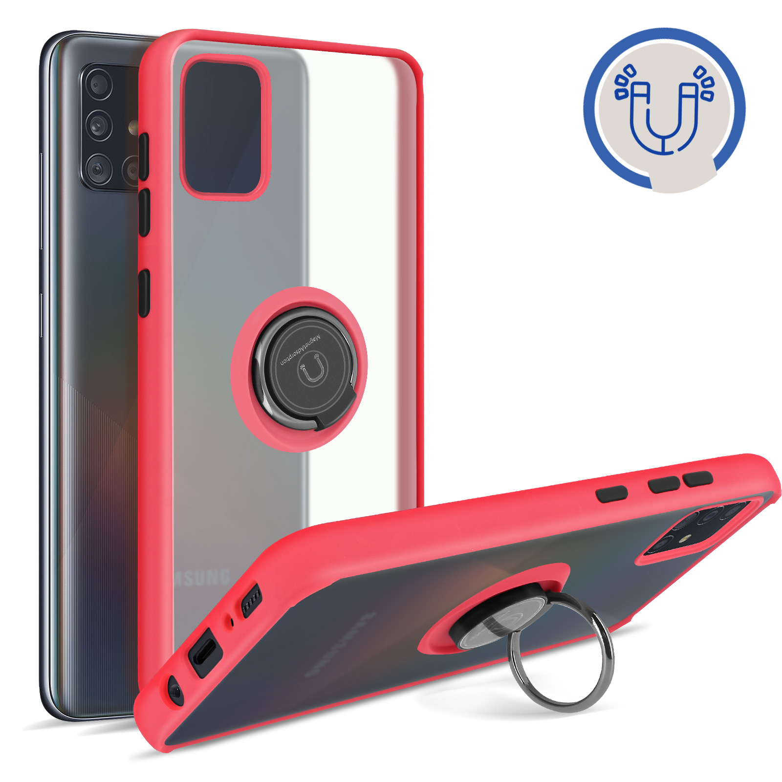 Samsung Galaxy A51 Handyhlle mit Ring-Halterung  Matte Rckseite,  Schutztasche mit Stnder  Rot - German