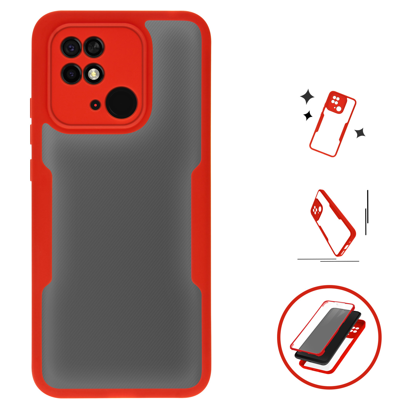 GOKEN Cover per Xiaomi Redmi 10C, Trasparente 360 Gradi Custodia con Pellicola Protettiva Integrata Rugged Case, TPU Silicone Bumper + PC Retro Rigido, Nero