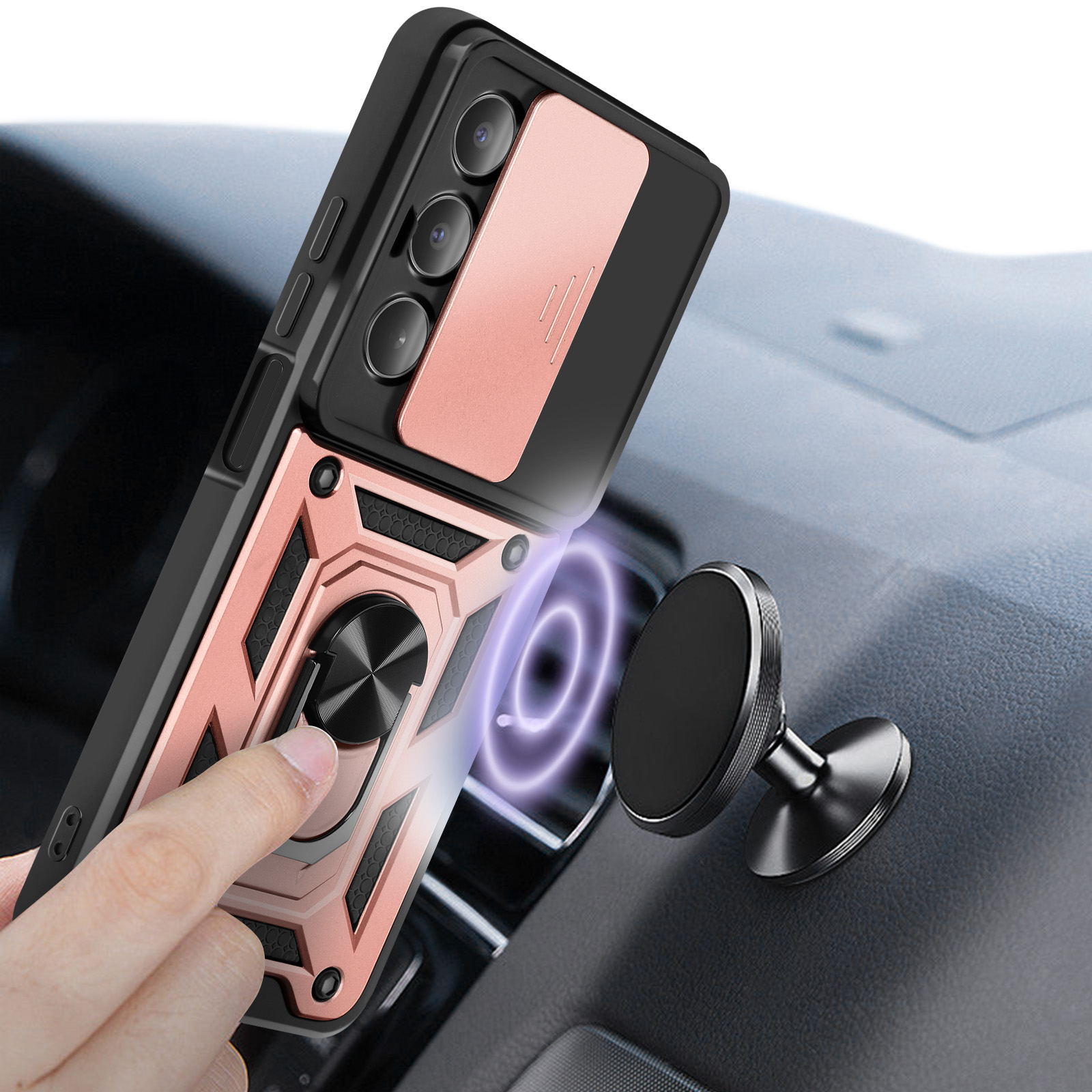 ESTH® Cover per Realme C55 con Custodia per Fotocamera Scorrevole e Supporto ad Anello [Custodia Paraurti Compatibile con Supporto Magnetico per Auto], Blu