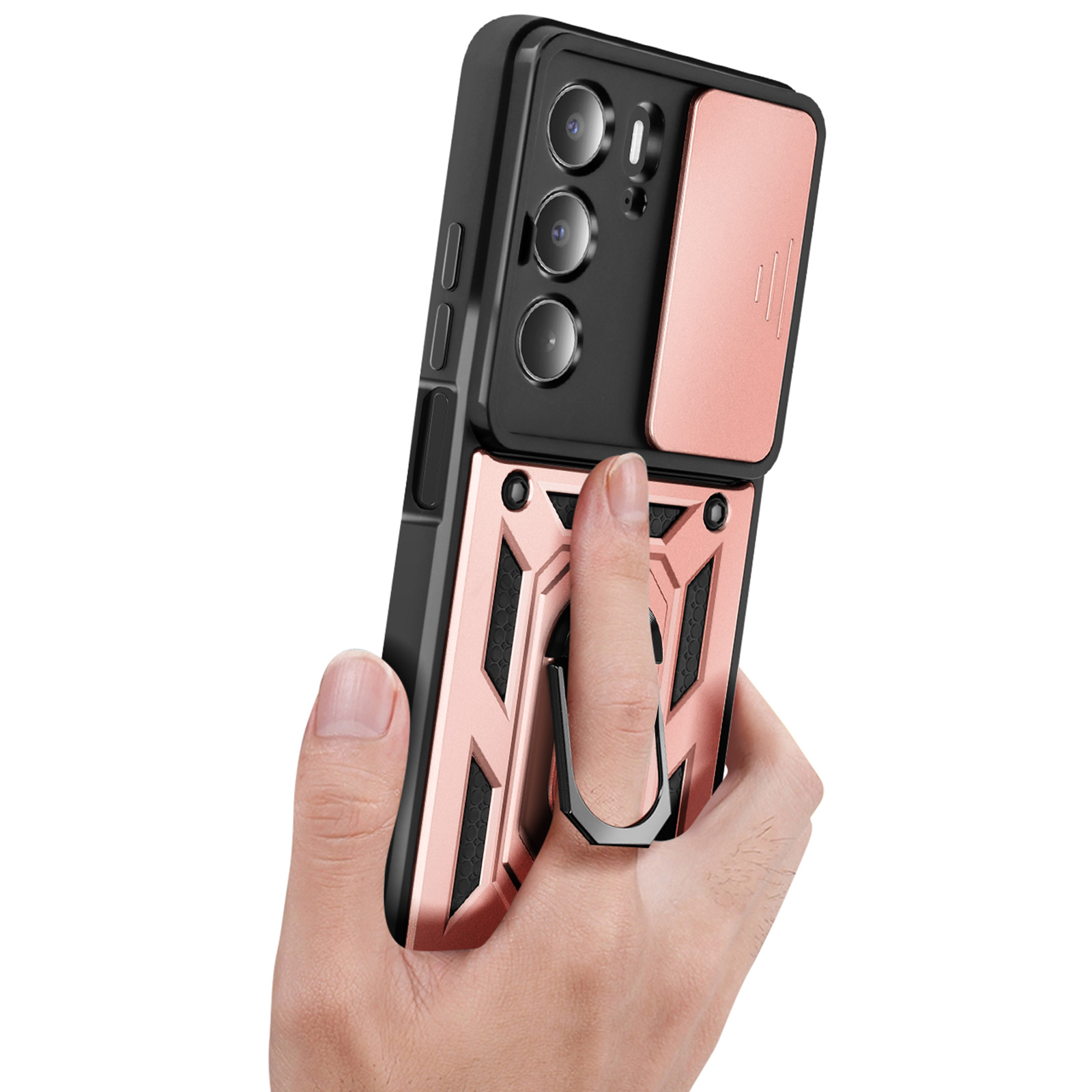 Cover Per Realme C55: Custodia Antiurto TPU/PC Con Anello Girevole 360°, Copri-Fotocamera Scorrevole E Piastra Magnetica (Oro Rosa)
