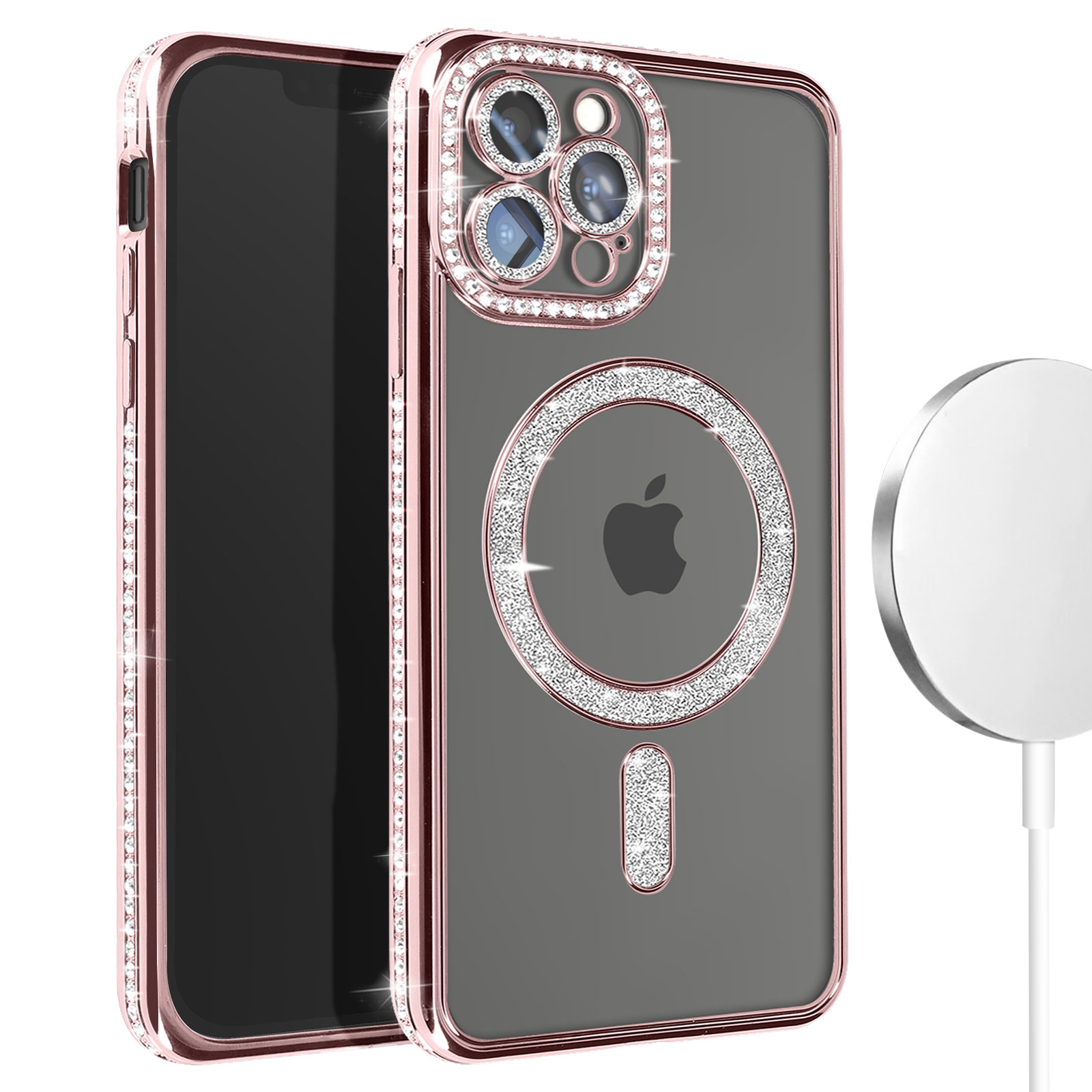 Tybiky Compatibile con iPhone 13 Pro, custodia per cellulare con diamanti glitterati con paillettes Mag-Safe magnetica trasparente, morbido TPU sottile e resistente agli urti, cover lucida con strass