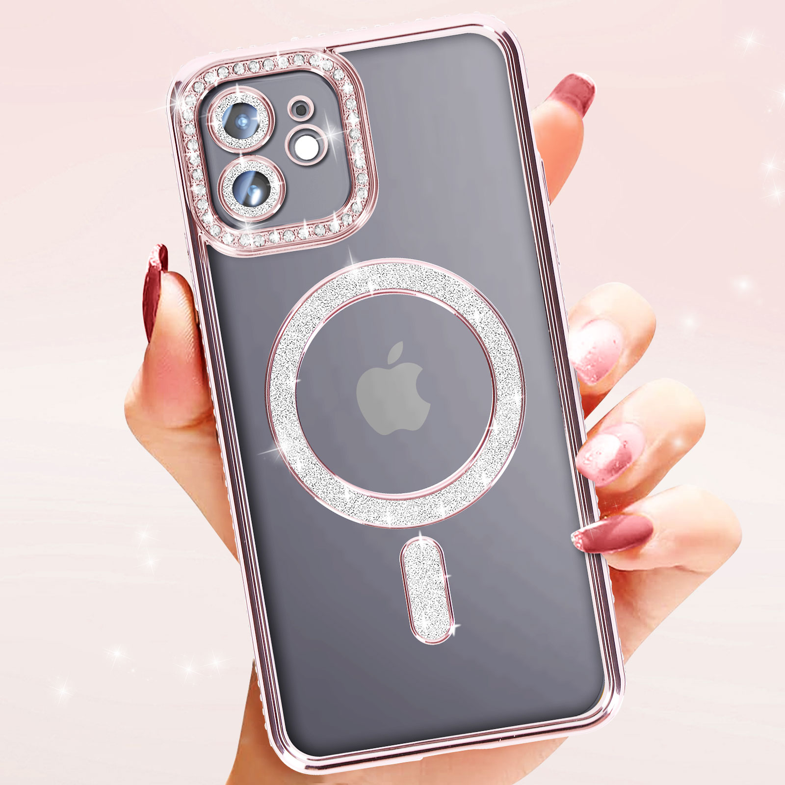 Vauki Cover Con Cordino Per IPhone 12/12 Pro: Custodia Trasparente Glitter Con Collana Regolabile, Antiurto, Oro Rosa