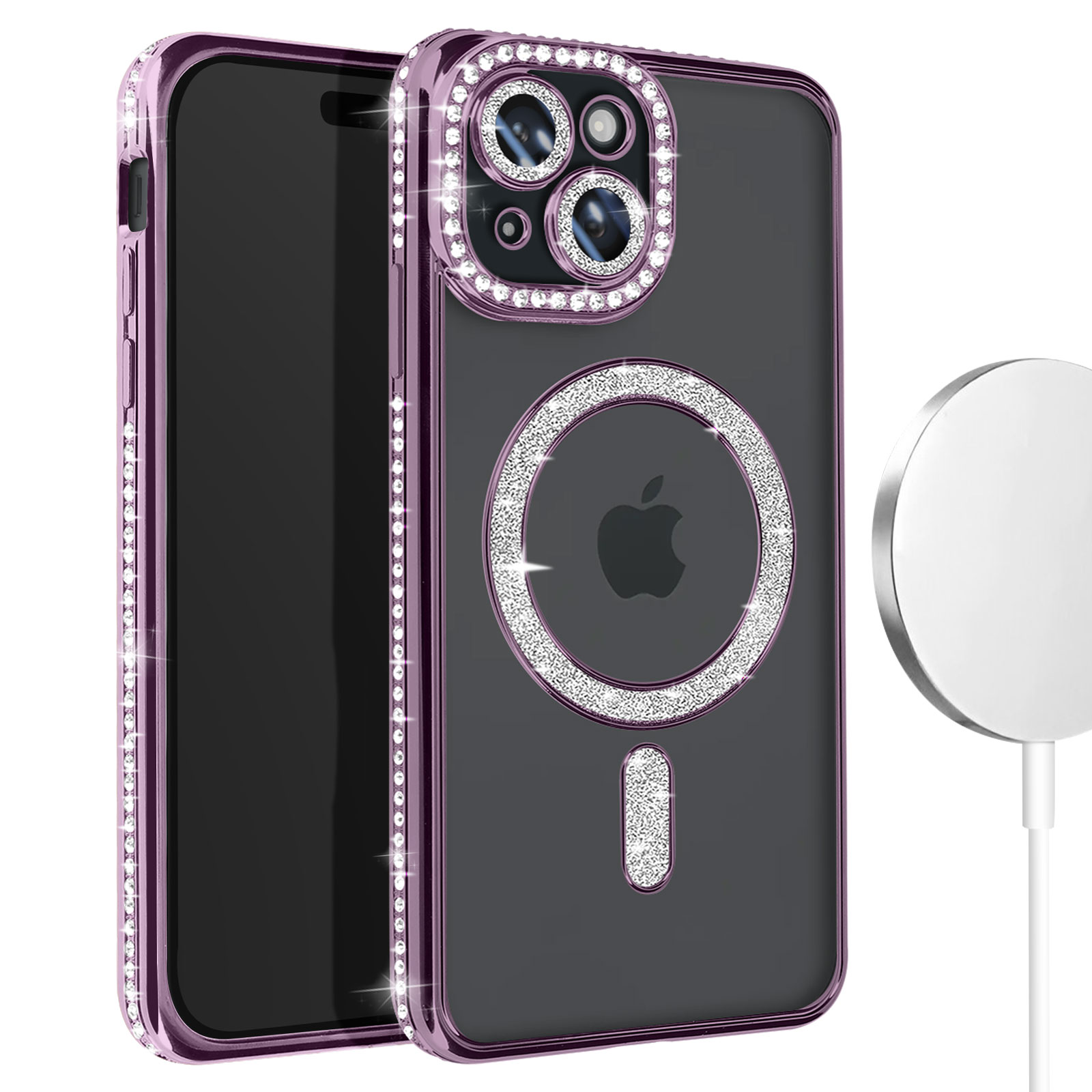 Tybiky Custodia Per IPhone 15 Plus Con Paillettes E Strass, Magneti MagSafe, Cover Trasparente In TPU Morbido, Antigiallo, Resistente Agli Urti, Ricarica Wireless, Rosa