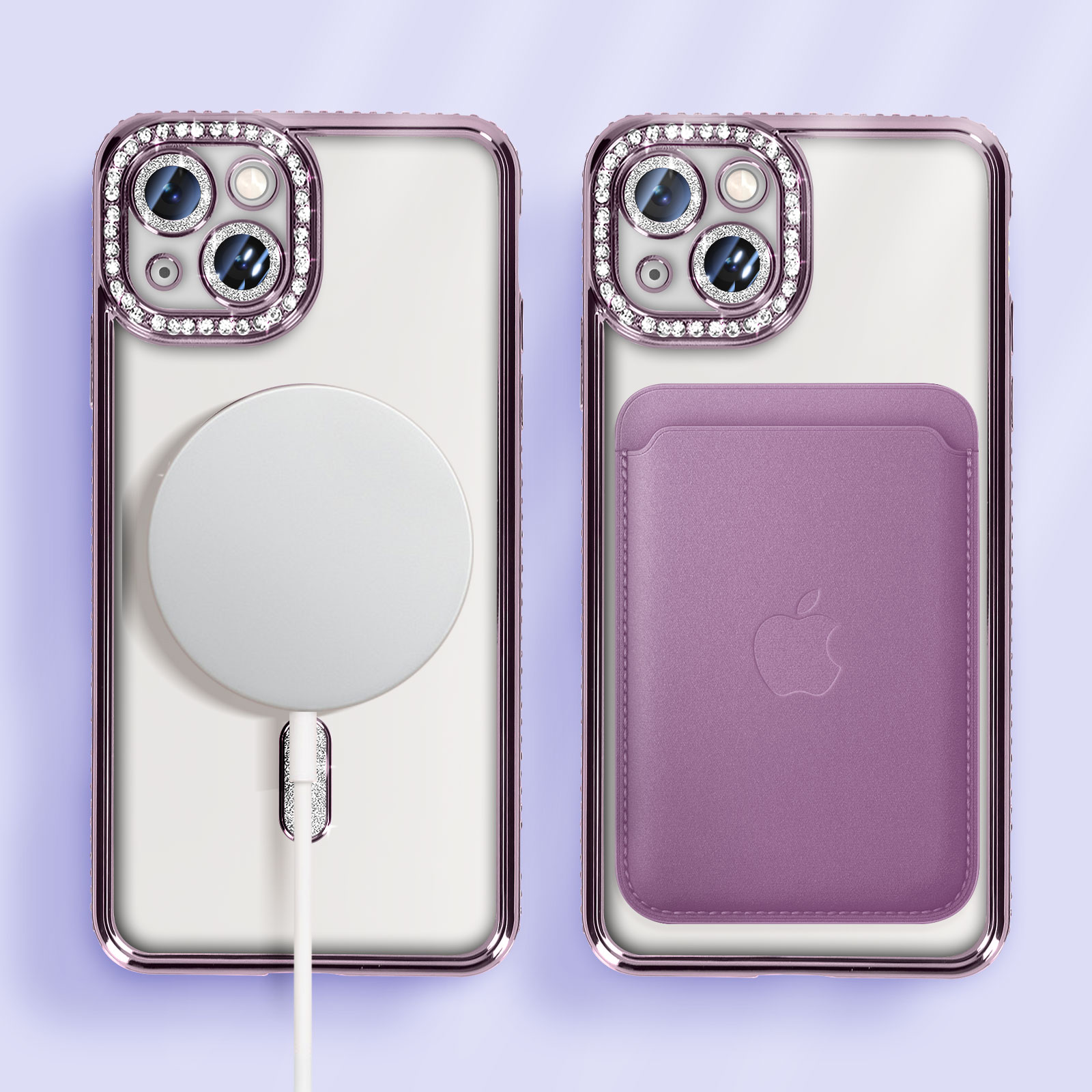 Custodia Magnetica Con Strass Per IPhone 13 Pro Max - Supporto Anello Invisibile, Ricarica MagSafe, Protezione Fotocamera, Trasparente Rosa