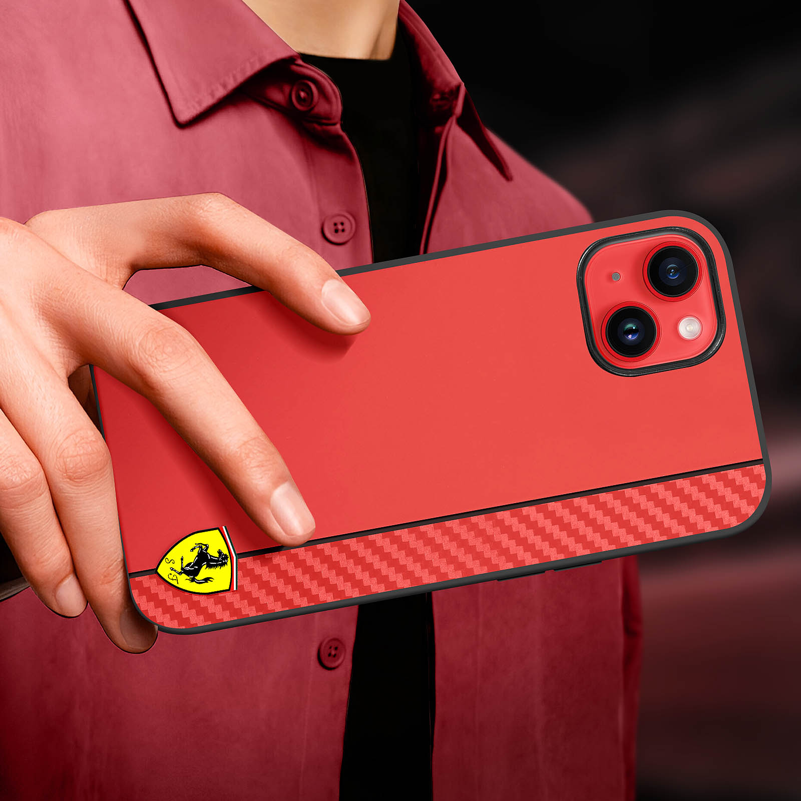 Coque IPhone 14 Pro Max Ferrari - Finition Cuir & Fibre De Carbone - Noir (Neuve)