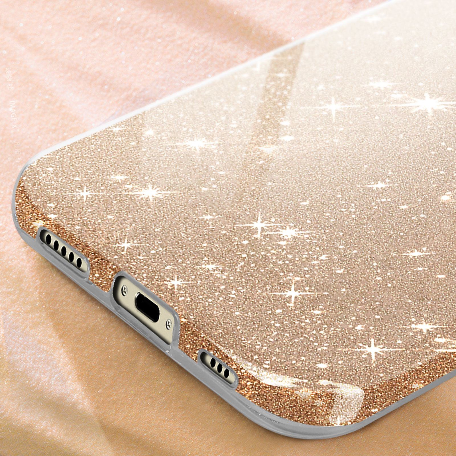 Yhsvie Custodia per iPhone 16 Plus, con glitter 3D, motivo fiocco e perle estetiche, per donne e ragazze, in silicone, con cristalli trasparenti e antiurto, in TPU di lusso, dorato01