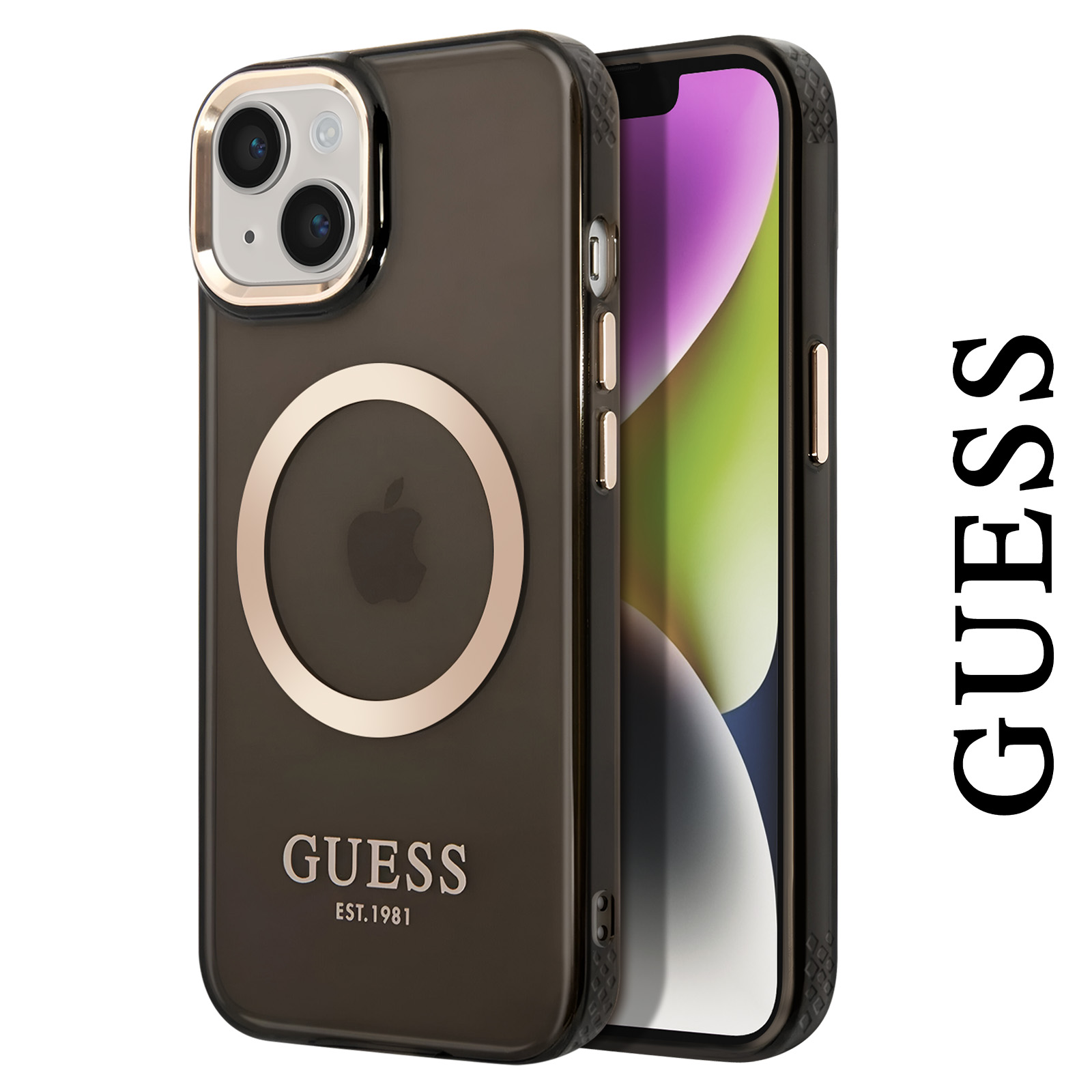 Guess Gold Outline MagSafe Handyhlle Schwarz fr iPhone 14 - German