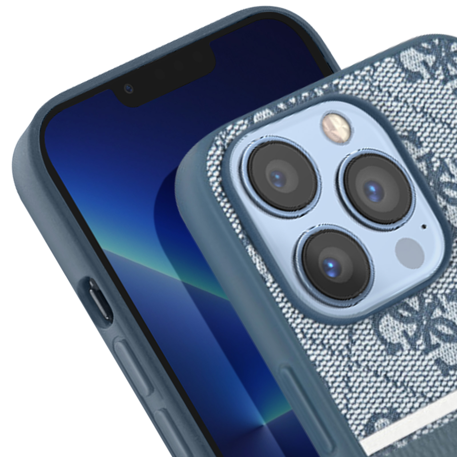 Coque Guess IPhone 14 Pro – MagSafe – Rayures Bleues – Simili Cuir – Neuve
