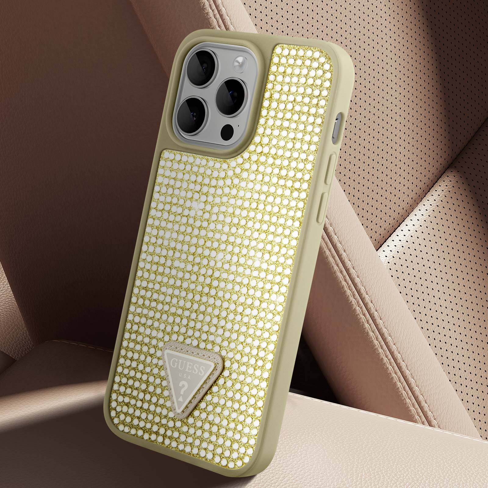 CG Mobile Guess Custodia Per IPhone 15 Pro Max Con Strass E Logo Triangolare, Nero, Antigraffio E Antiurto