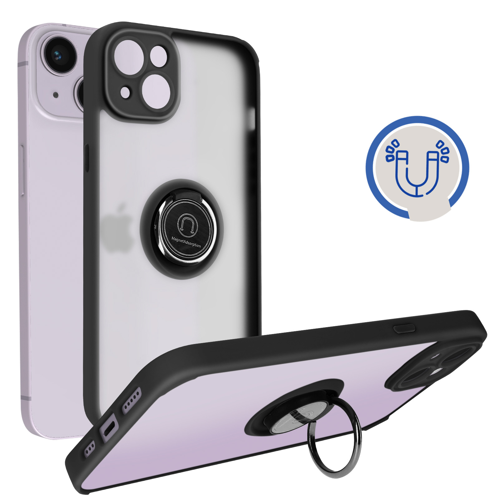 Apple iPhone 14 Plus Handyhlle mit Ring-Halterung  Matte Rckseite,  Schutztasche mit Stnder  Schwarz - German