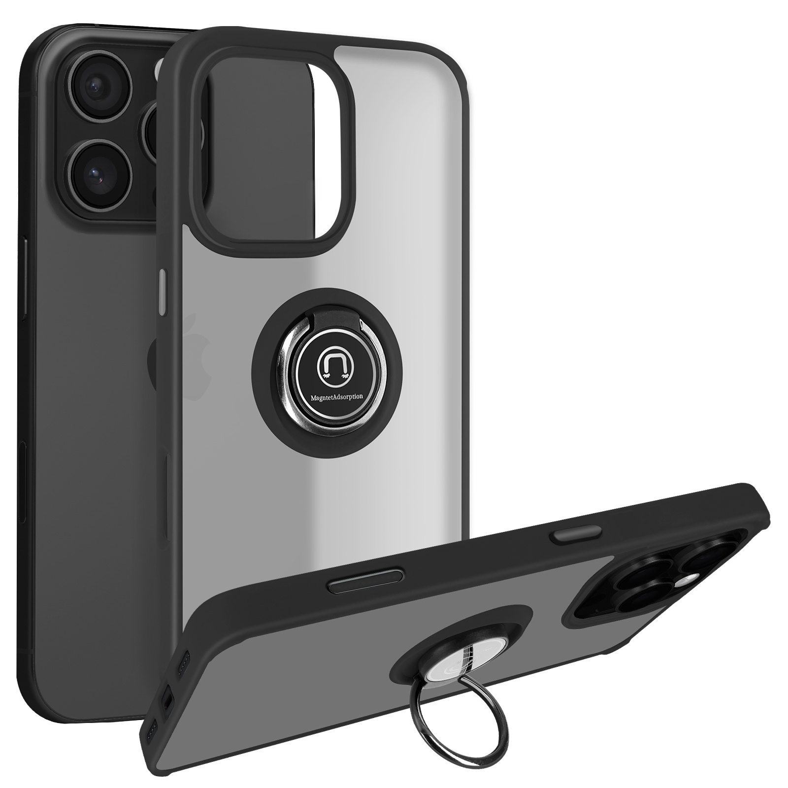 Cover per iPhone 16 Pro Max con anello - retro trasparente bordo nero - Italiano