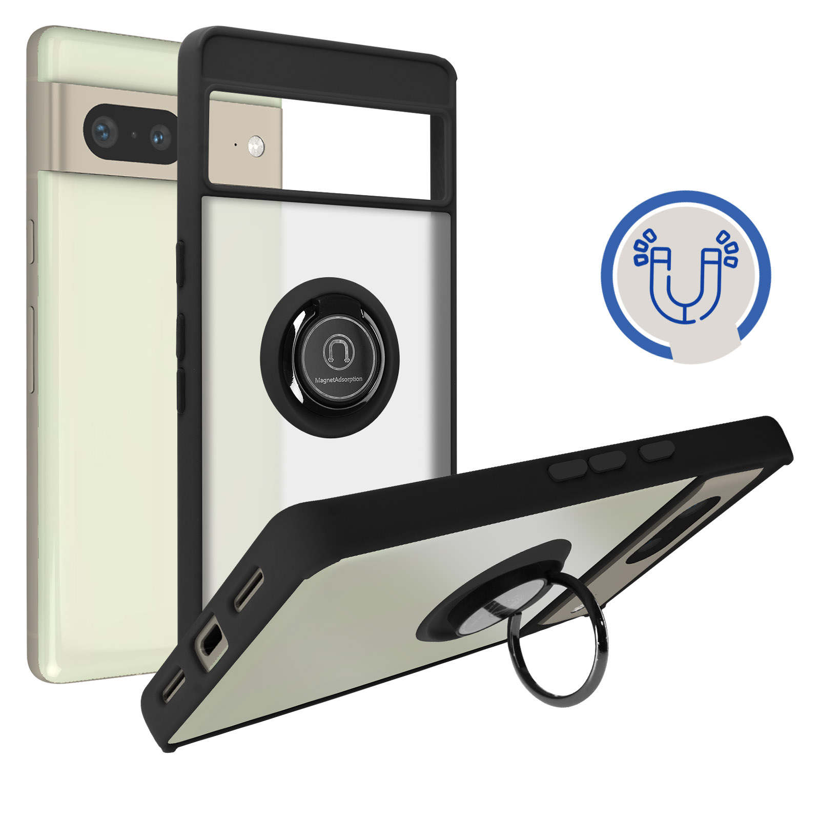 Google Pixel 7 Handyhlle mit Ring-Halterung  Matte Rckseite,  Schutztasche mit Stnder  Schwarz - German