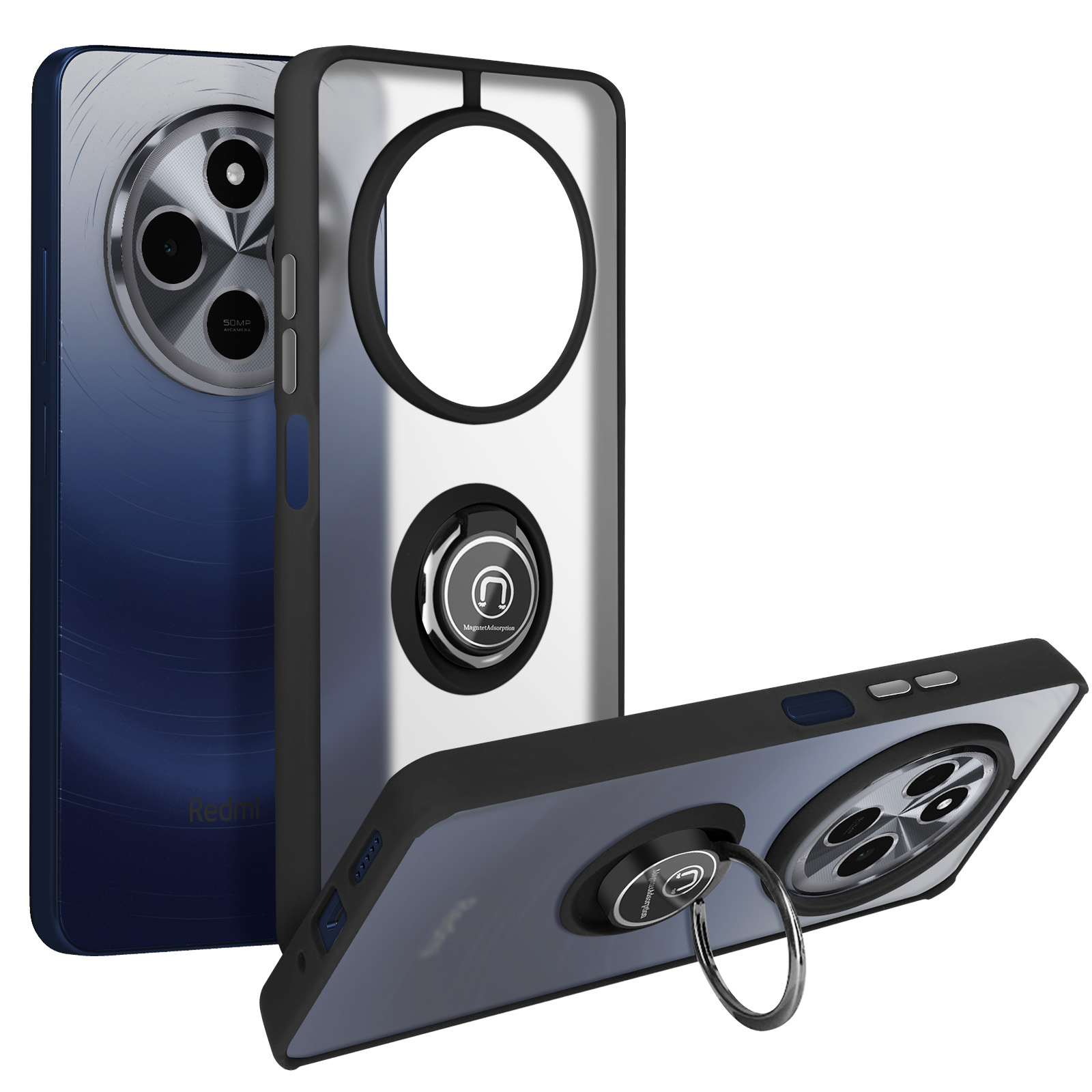 Xiaomi Redmi 14C Handyhlle mit Ring-Halterung  Transparent, Rand Schwarz  - German